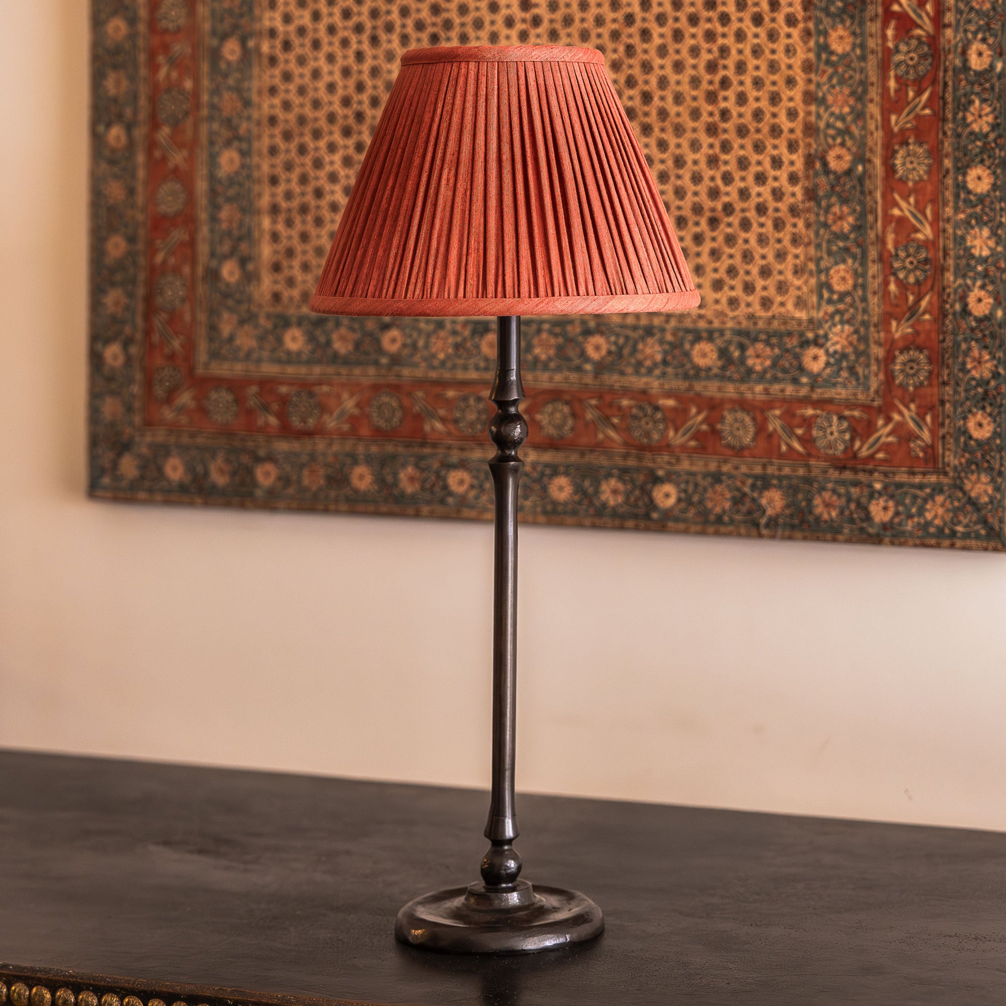 10 inch Gathered red/coral Mulberry silk French drum lampshade