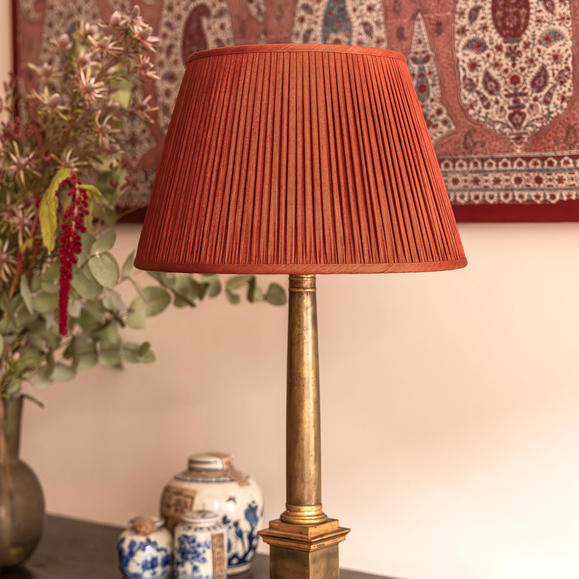 16 inch Gathered red/coral Mulberry silk lampshade