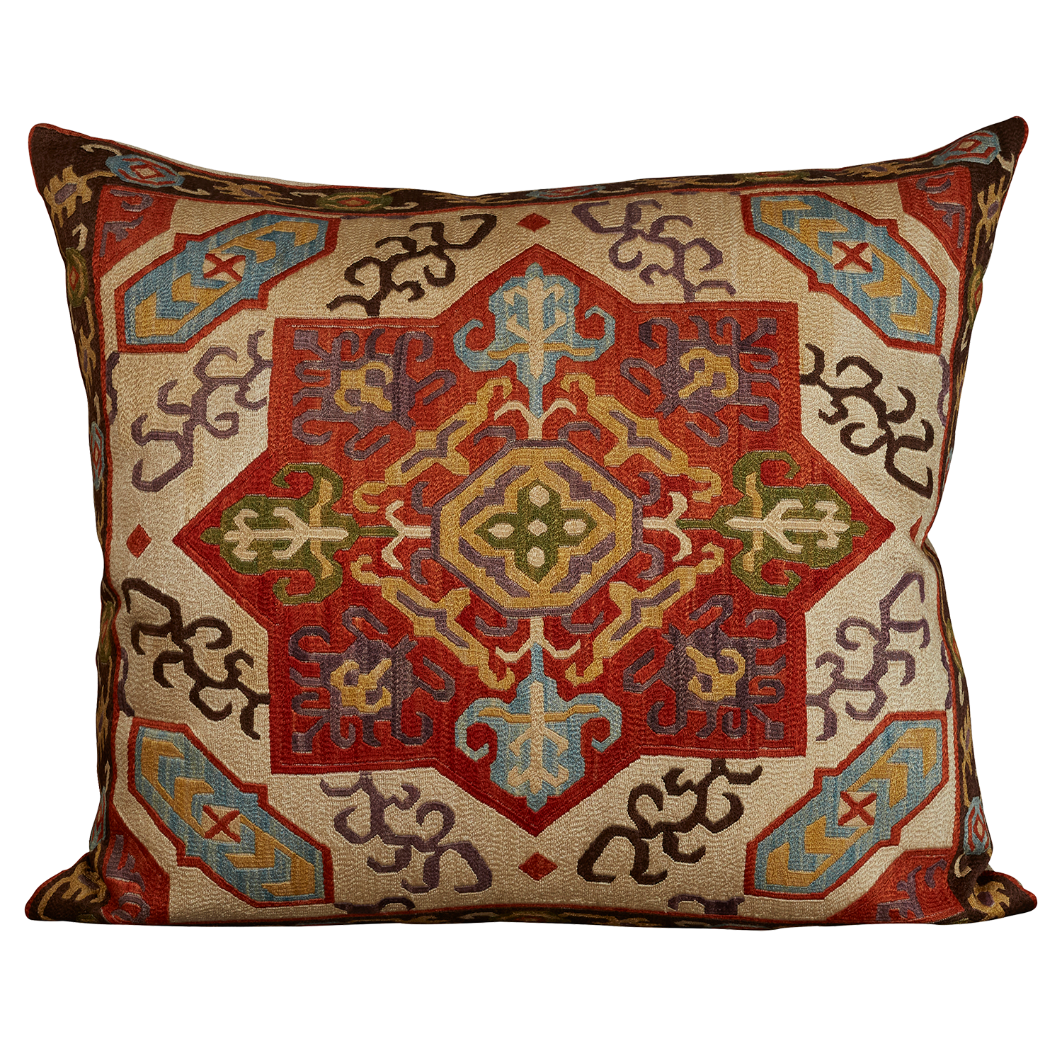Rare silk Kaitag style Caucasian cushion with central star design and tribal motifs