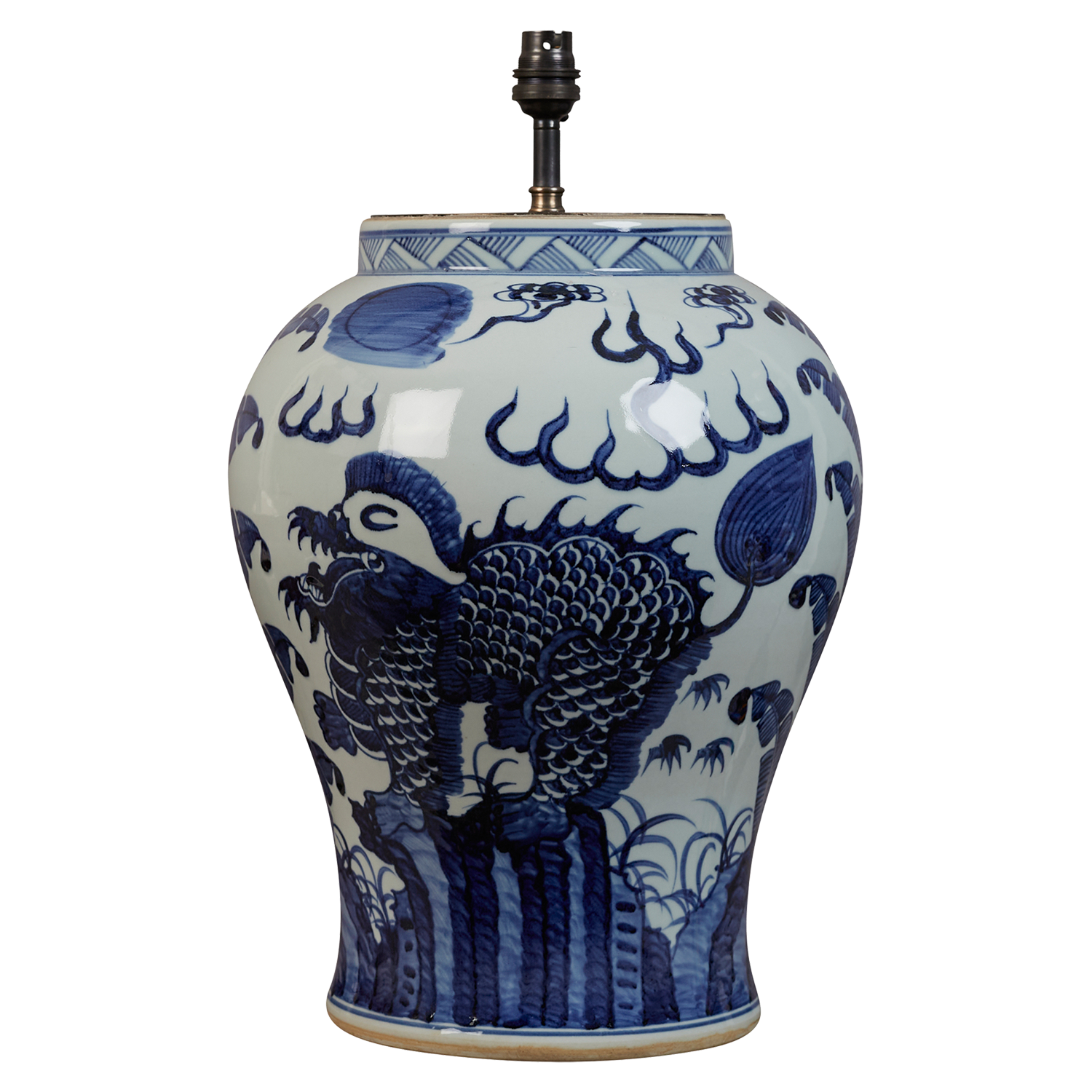 A contemporary blue and white Chinese-style lidded jar with stylised phoenix birds, electrified