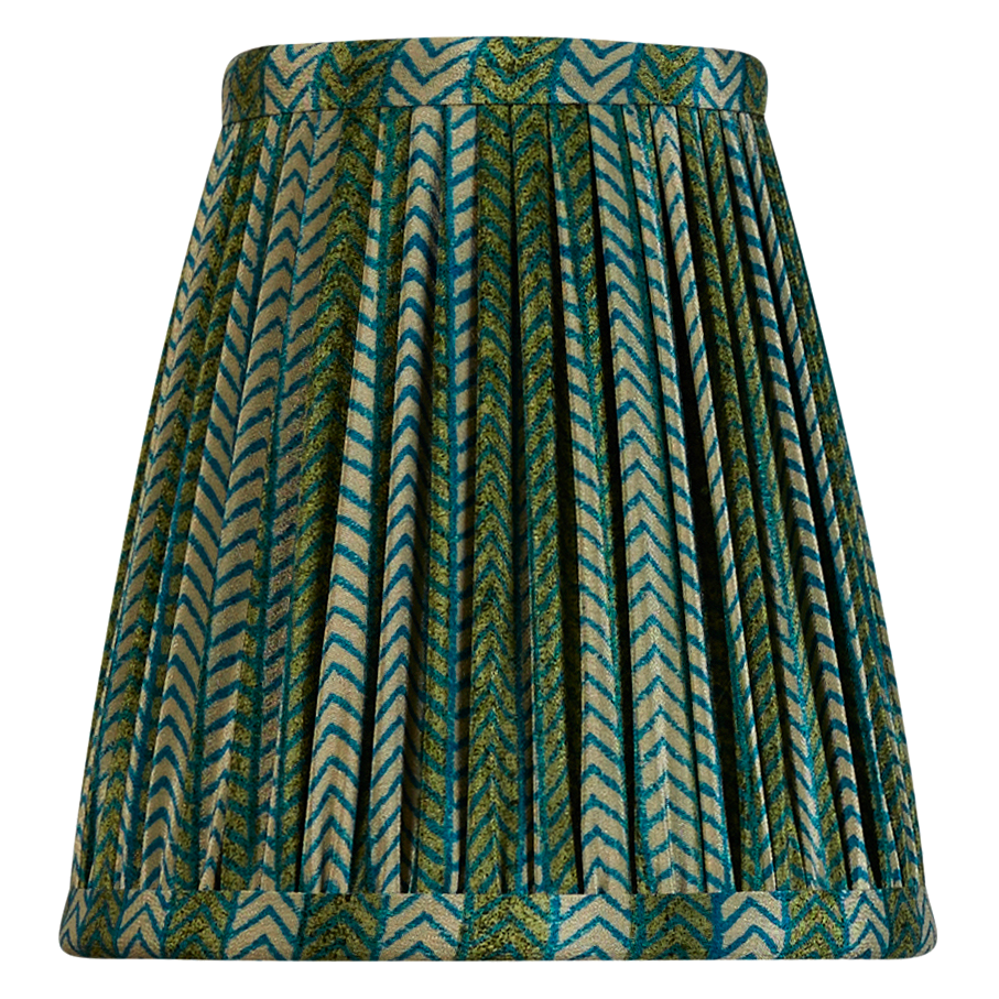 Pair of 5 inch Bright green and bottle green chevron design silk sari clip-on lampshades