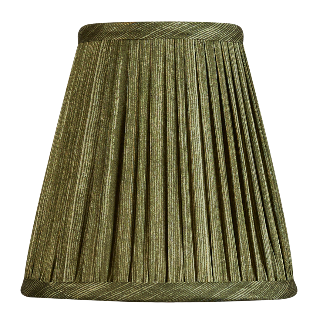 Pair of 6 inch Tall olive green ripple pinstripe silk sari style clip-on lampshades