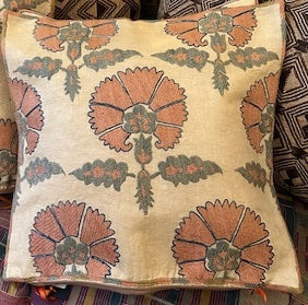 Square silk suzani cushion with pink and sage green carnation design