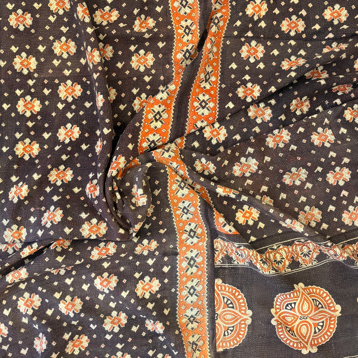 Hand-stitched Kantha throw - Dark brown and pink on one side