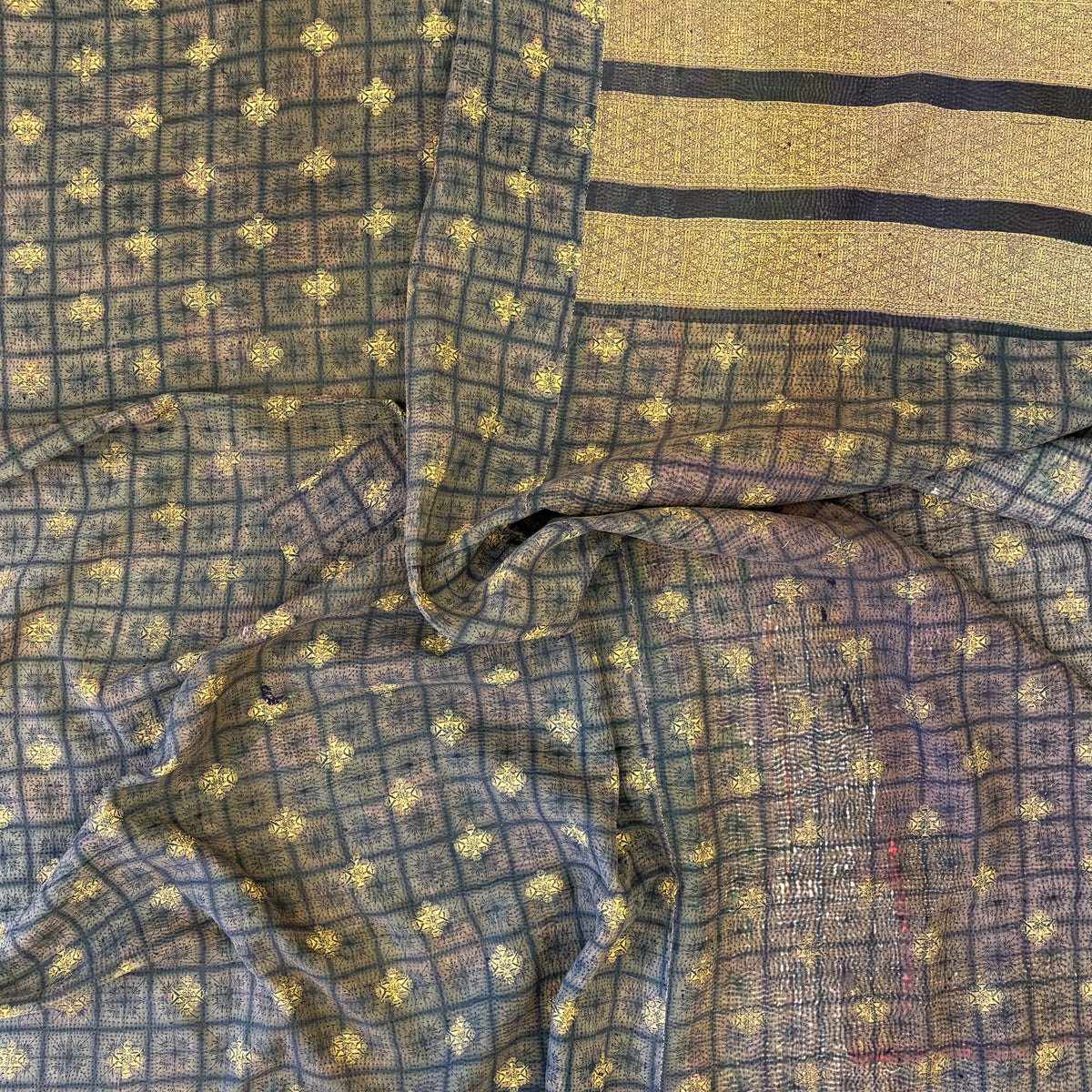 Hand-stitched Kantha throw - Dark blue/green and gold on one side