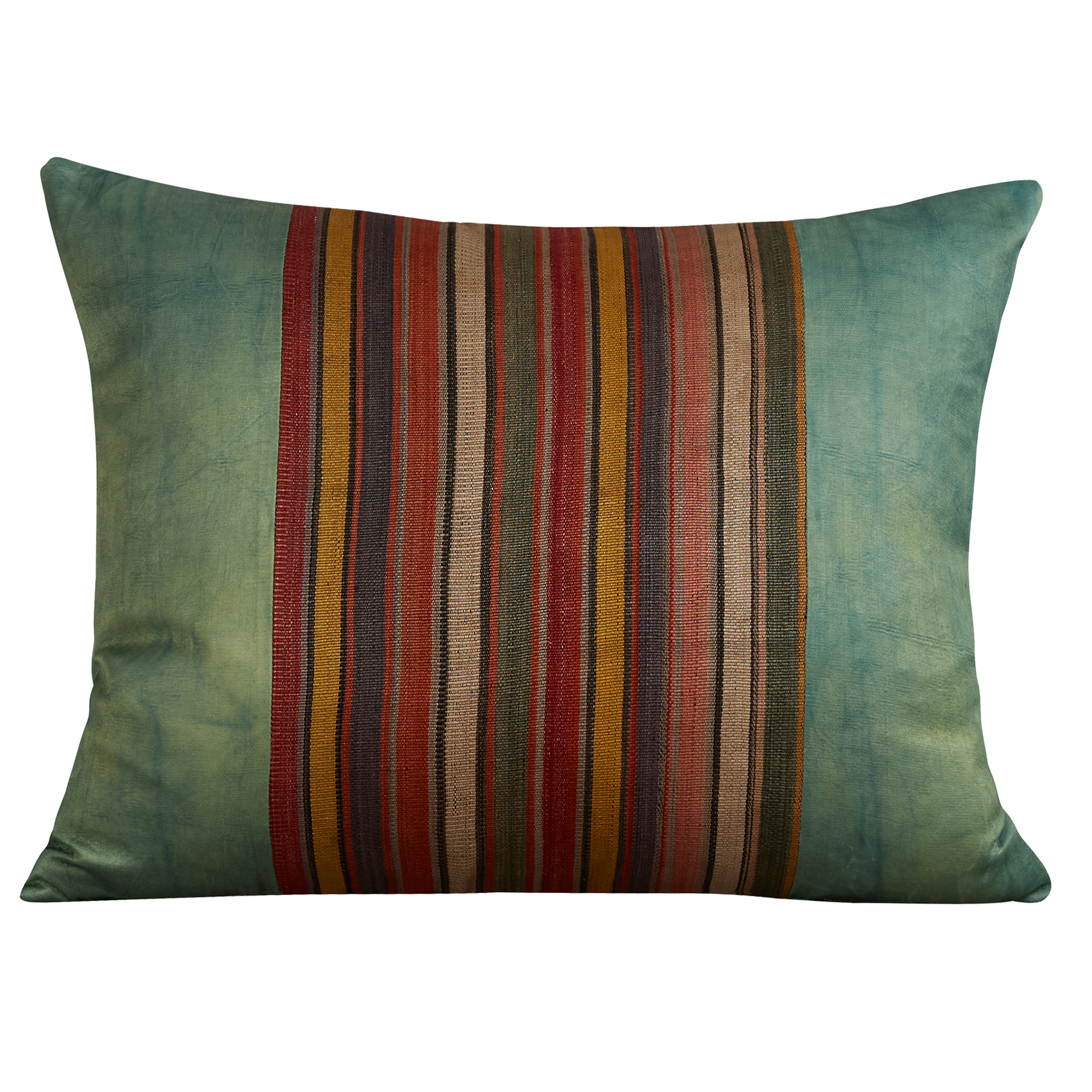 Silk Jajim cushion - Terracotta/pink/yellow stripe on leaf green silk