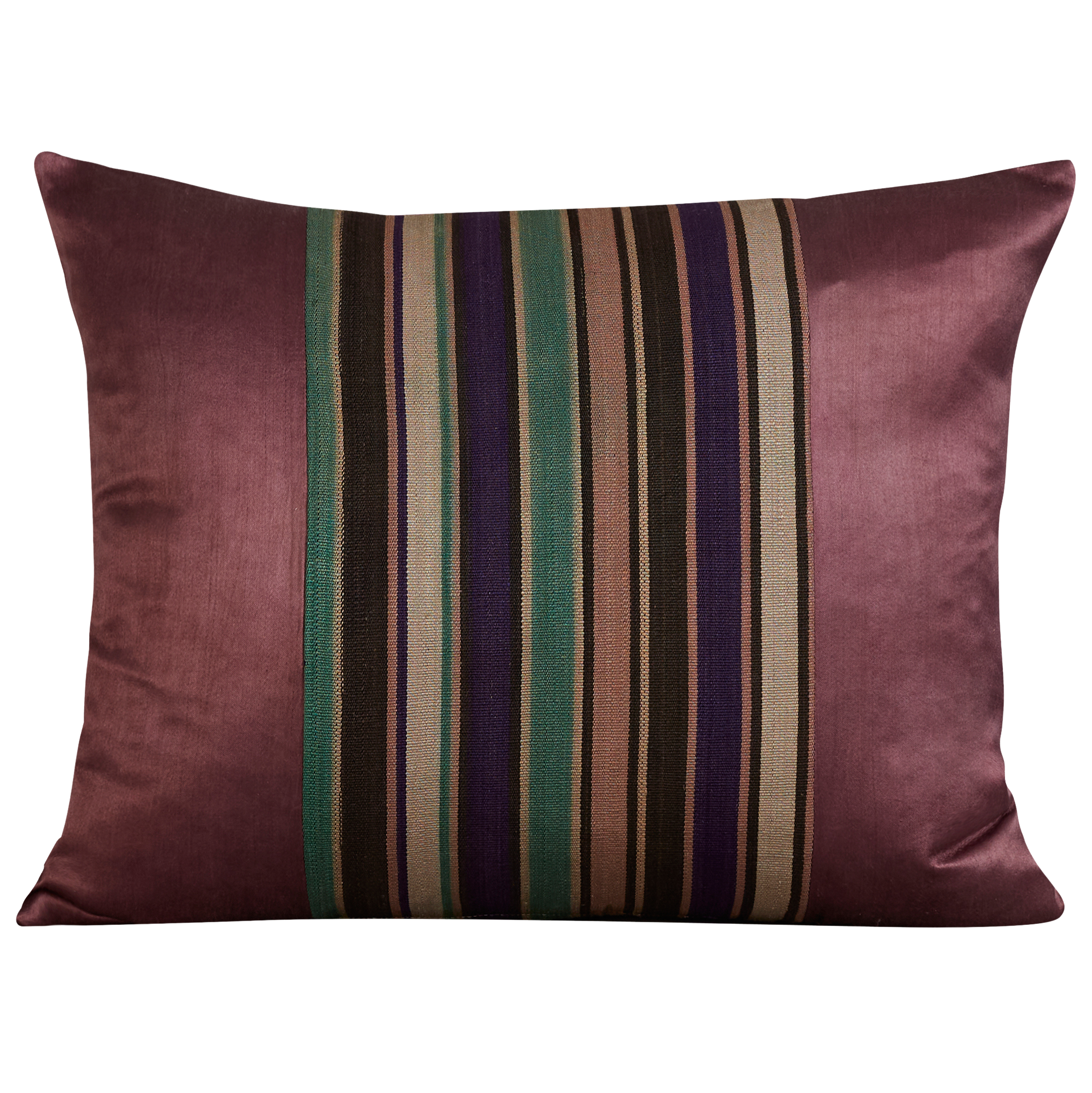 Silk Jajim cushion - Green/ecru and grey stripe on aubergine silk