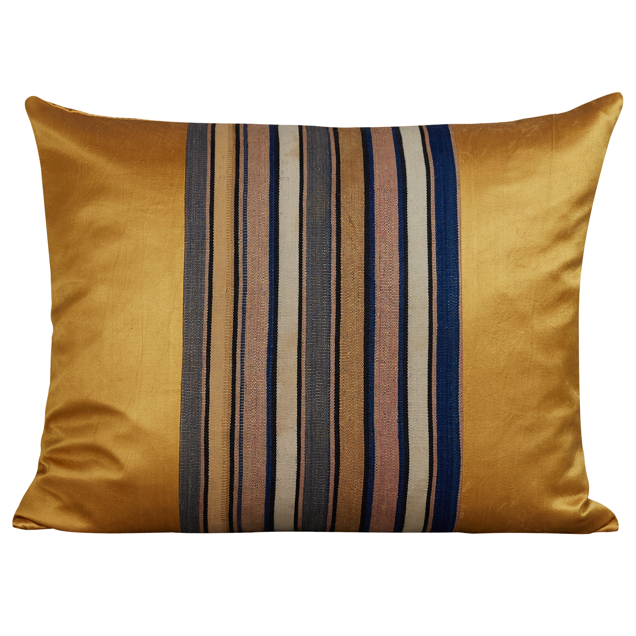 Silk Jajim cushion - Yellow/grey and navy blue stripe on yellow silk