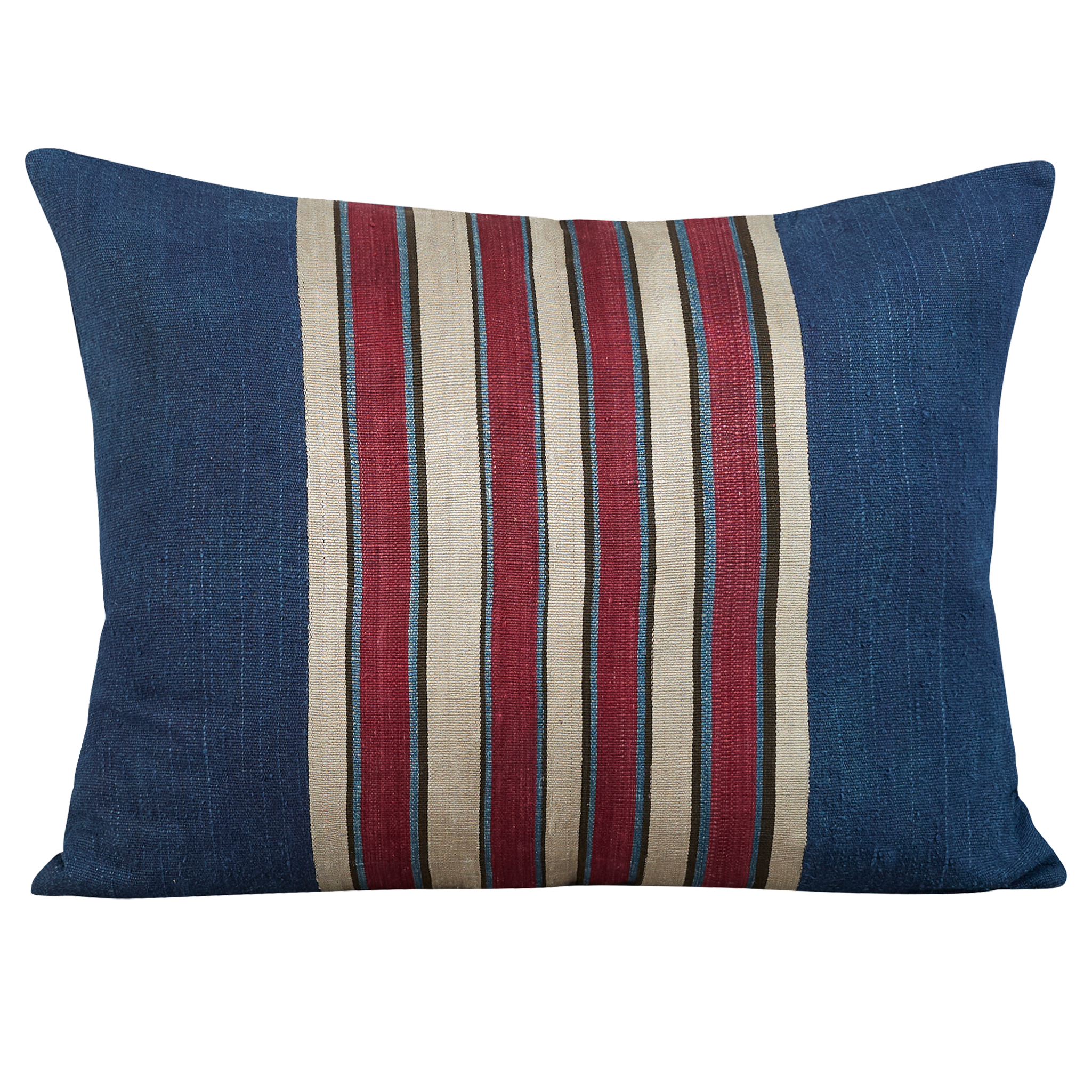 Silk Jajim cushion - Burgundy/ecru stripe on navy blue silk