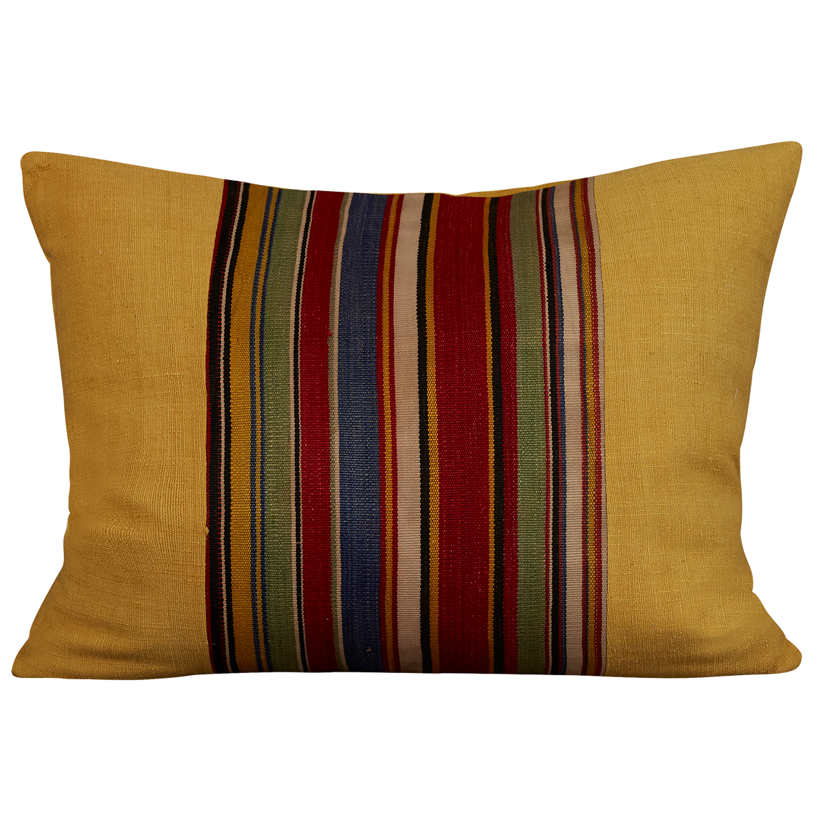 Silk Jajim cushion - Yellow with red/blue/green stripe on raw plain silk