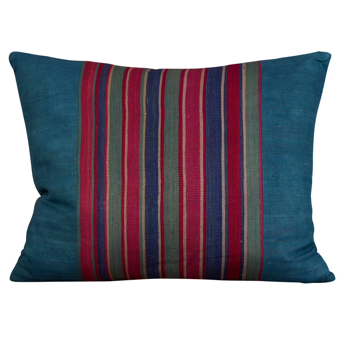 Silk Jajim cushion - Indigo blue with magenta/navy stripe on raw plain silk