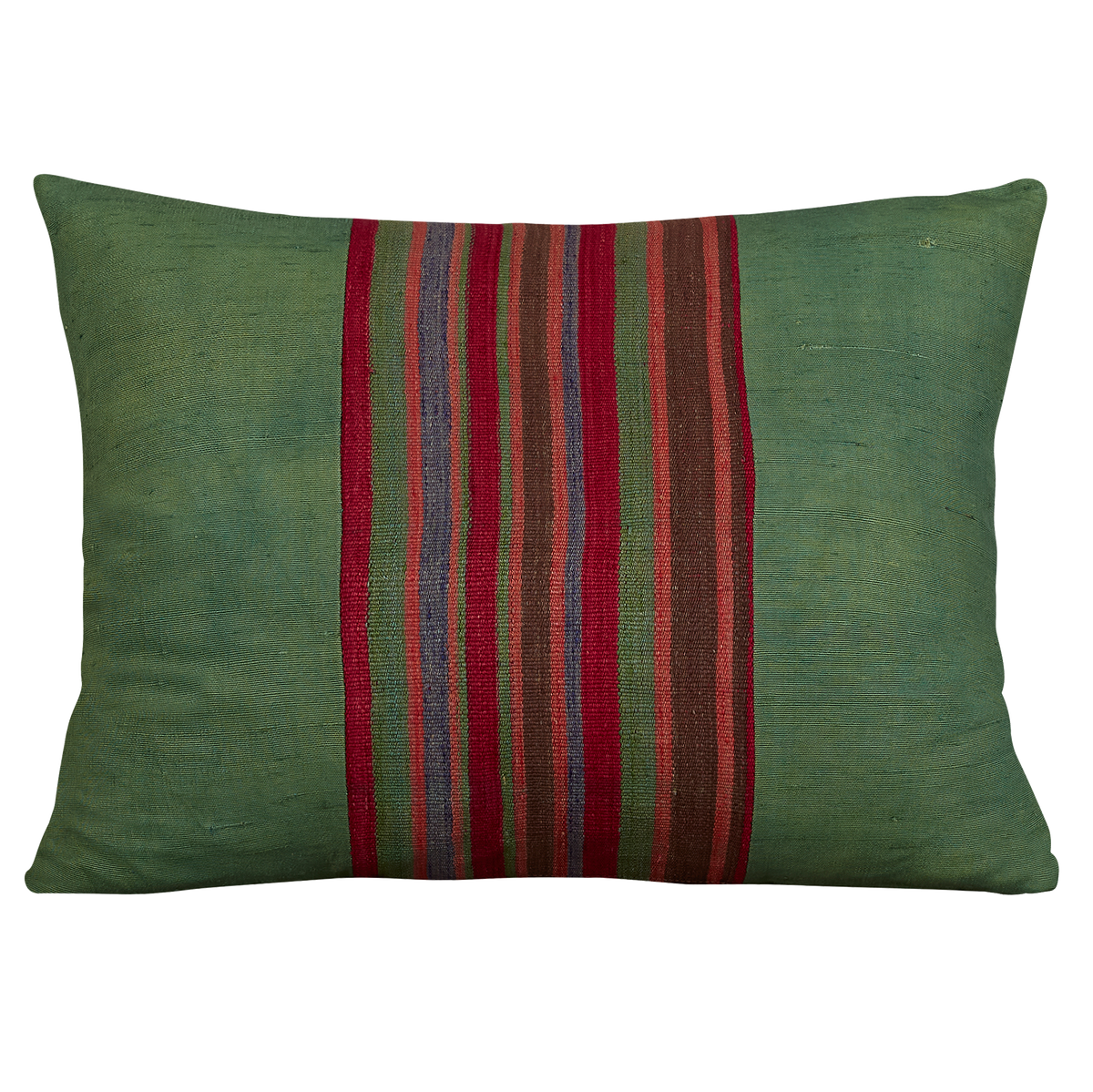 Silk Jajim cushion - Forest green with magenta/brown stripe on raw plain silk