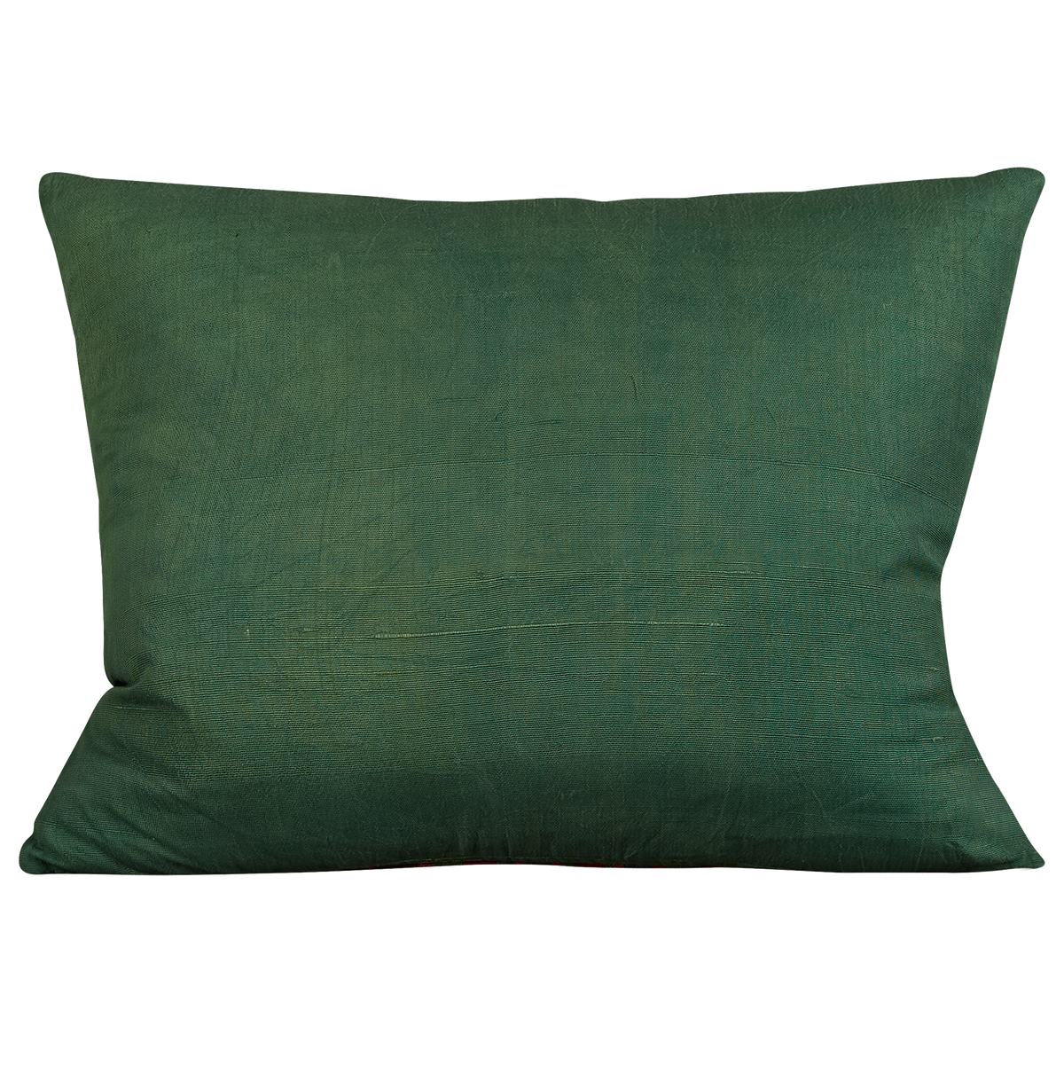 Silk Jajim cushion - Forest green with magenta/brown stripe on raw plain silk