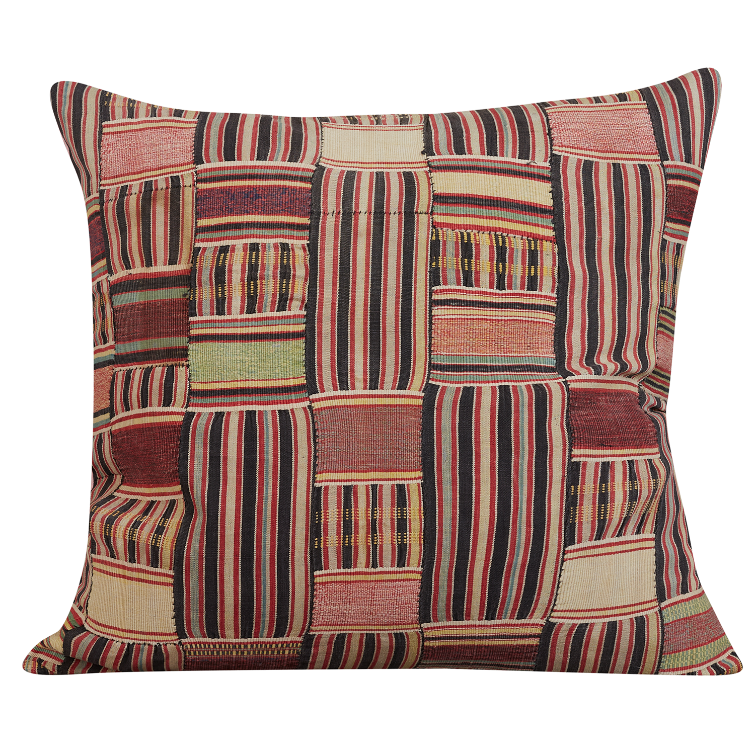 Square Kente cloth African cushion - Multicoloured black and plums/pink