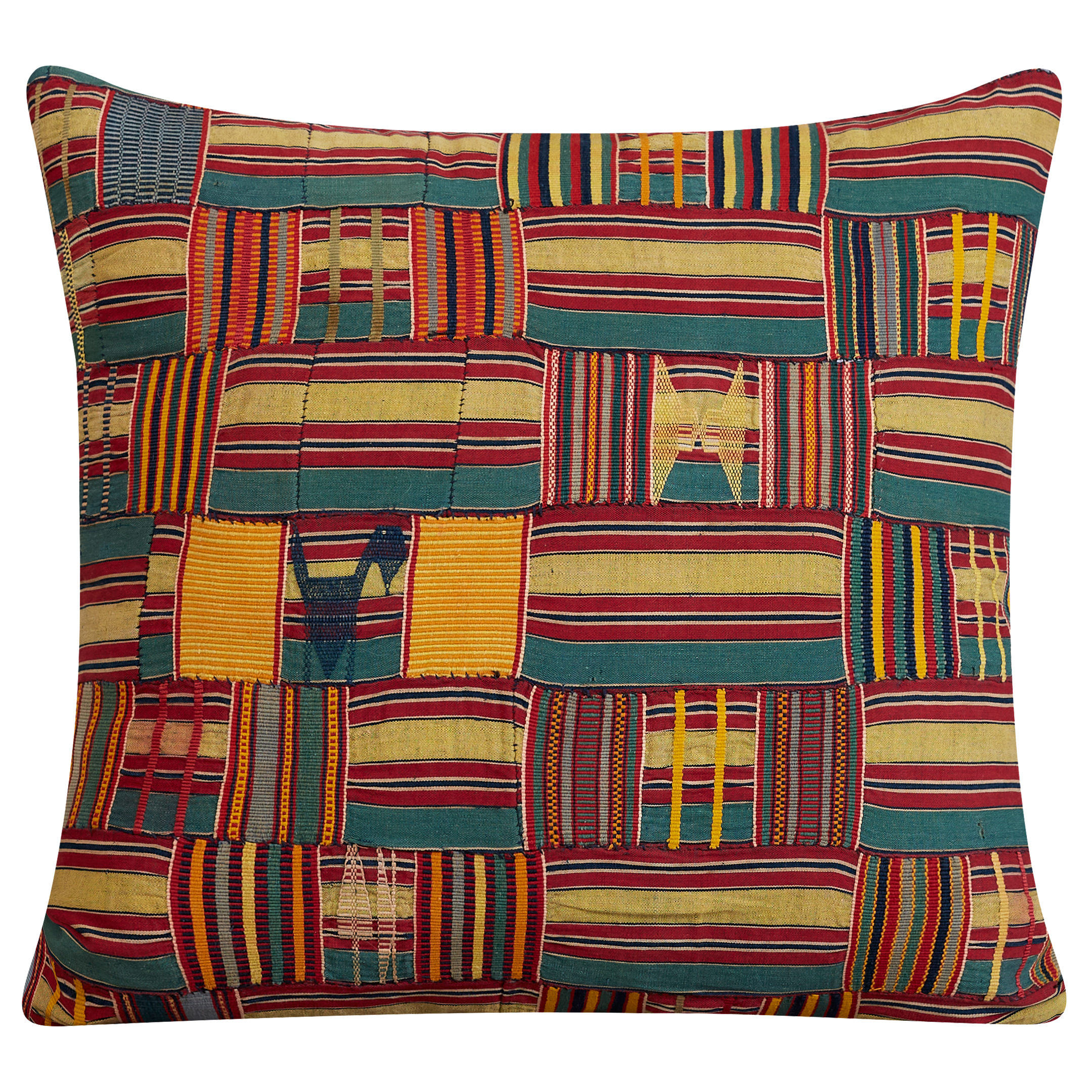 Square Kente cloth African cushion - Teal/red/yellow multicolour
