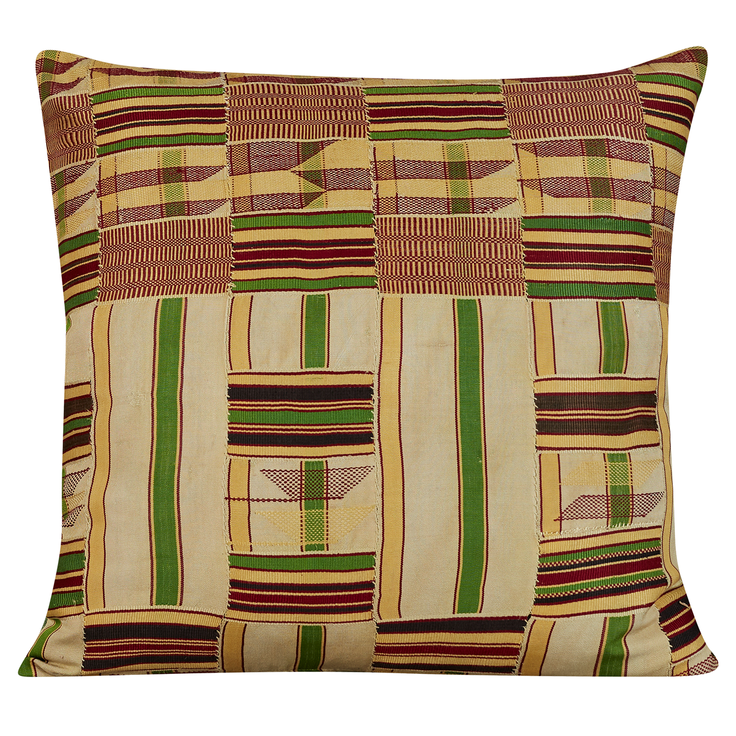 Square Kente cloth African cushion - Yellow and green
