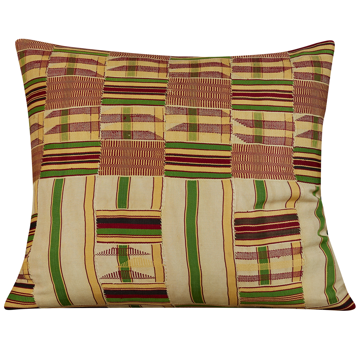 Rectangular Kente cloth African cushion - Yellow and green with green silk back