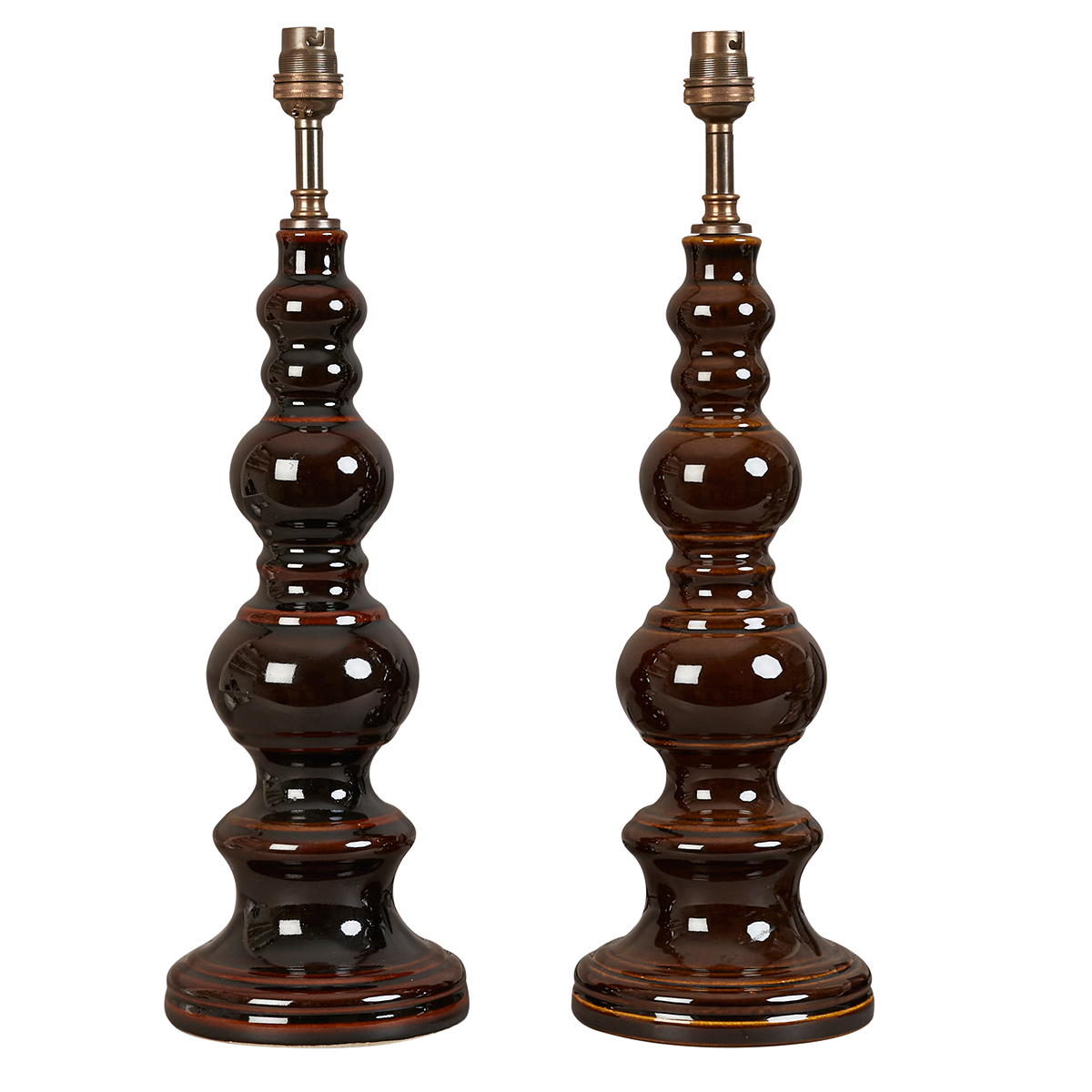 A pair mid 20th century glazed ceramic bobbin table lamp