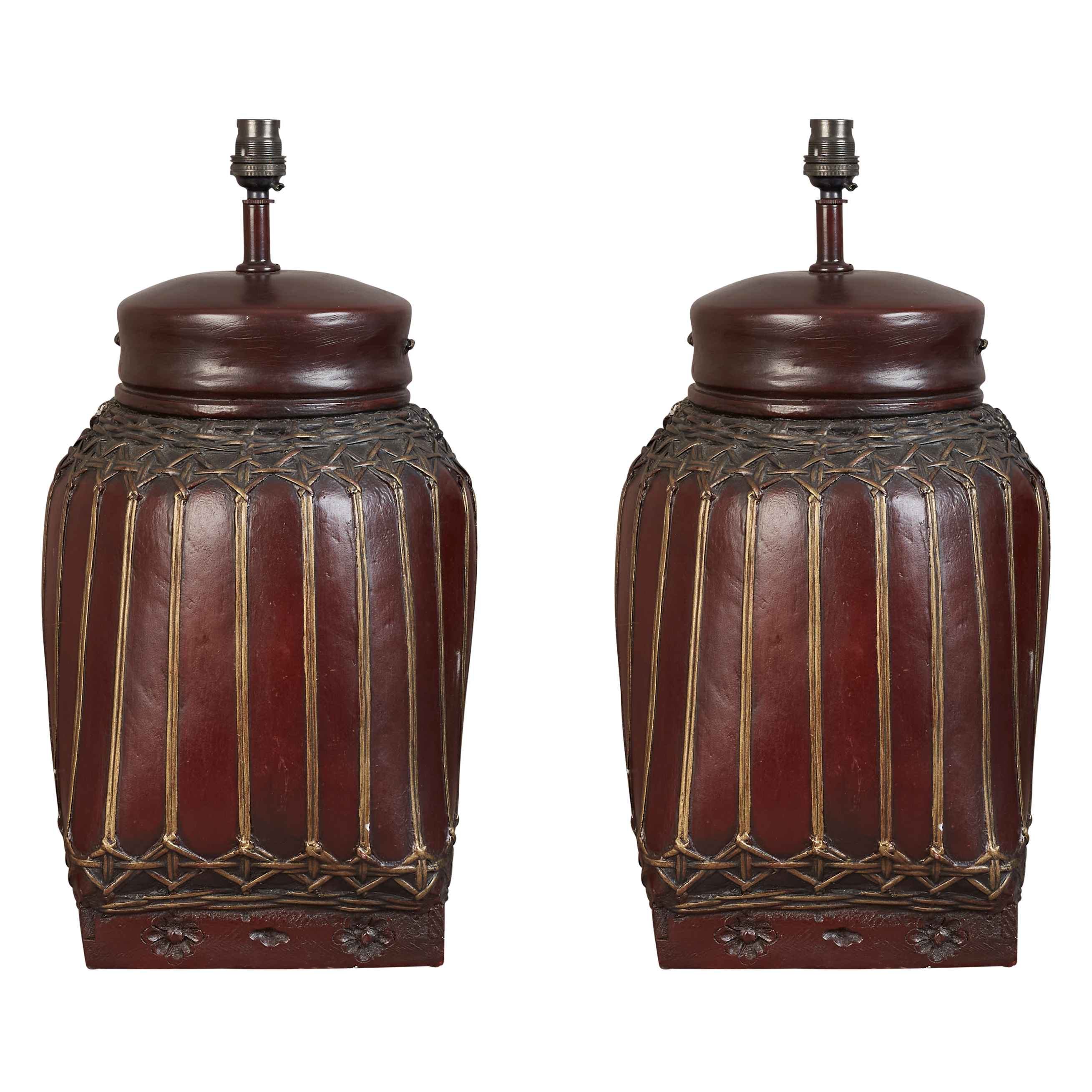 A pair of mid-century American basket weave resin table lamps, electrified