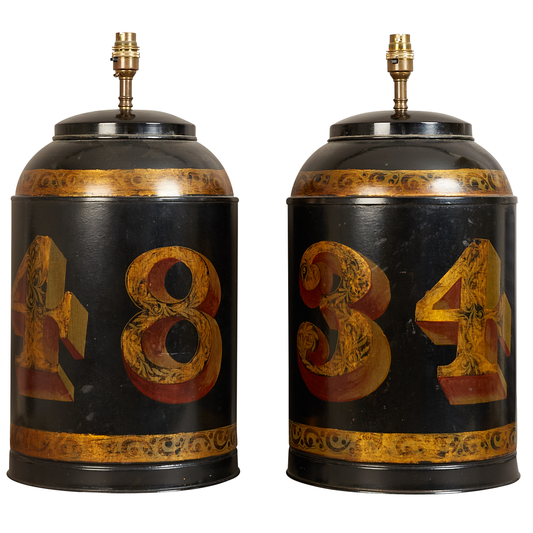 A pair of toleware decorated canister table lamps, electrified