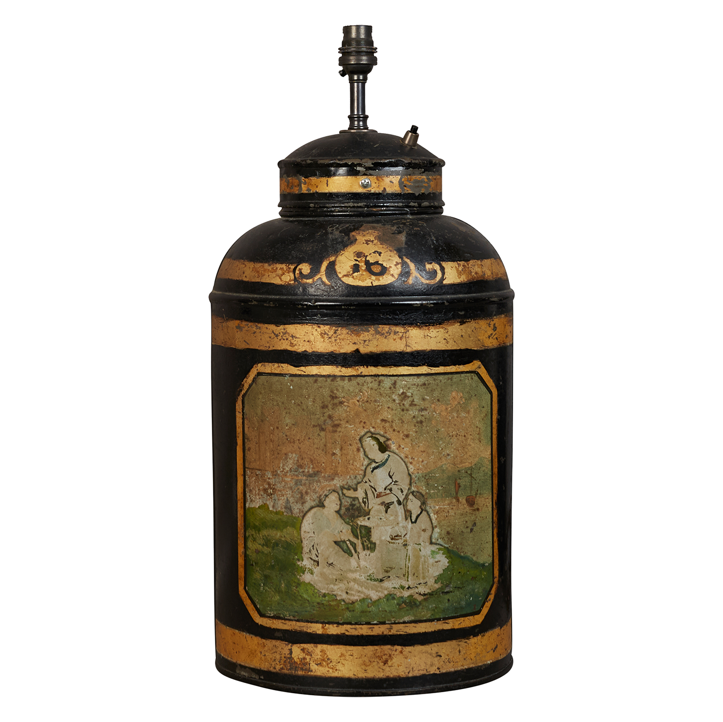 A mid 20th century toleware decorated canister table lamp, electrified