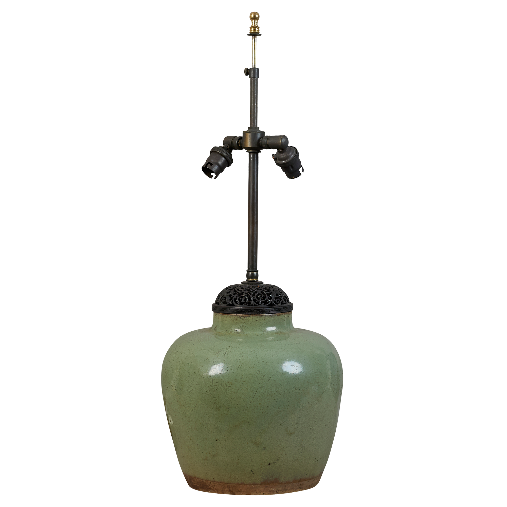 A mid 20th century glazed Chinese celadon table lamp, electrified