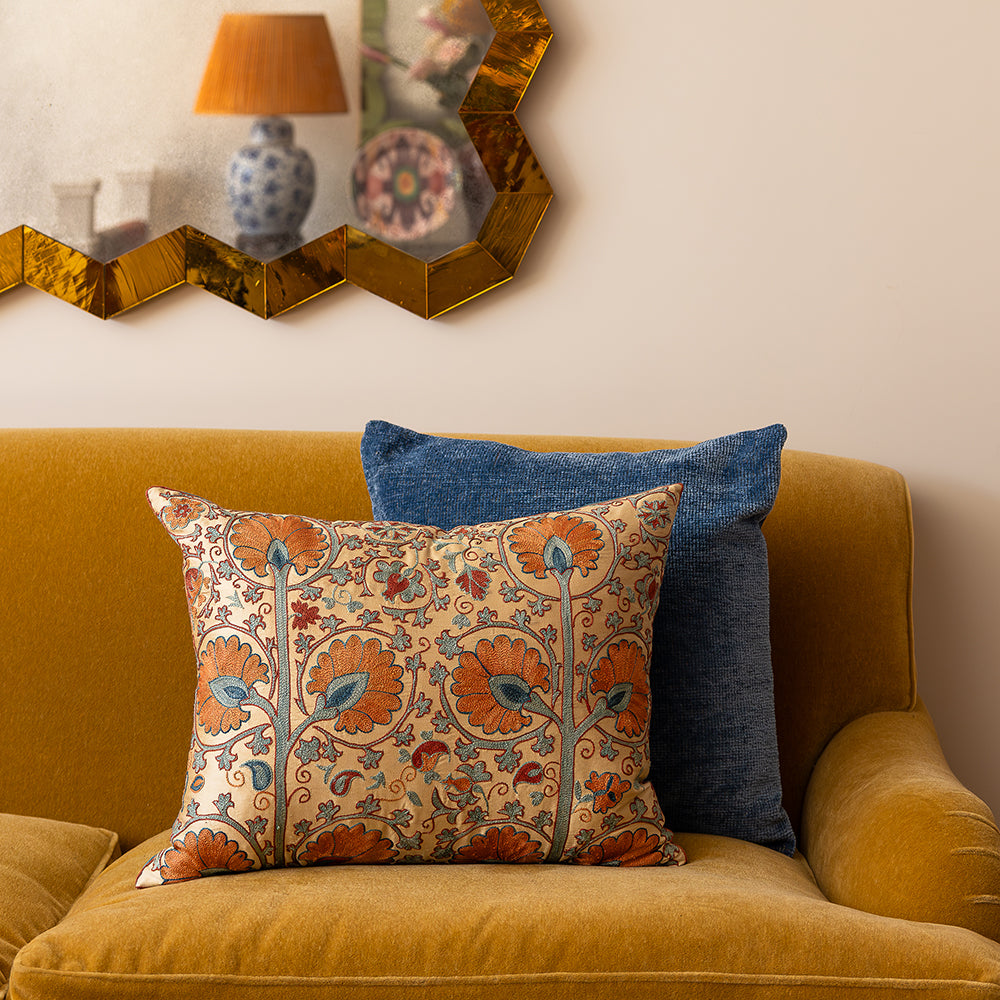 Rectangular silk suzani embroidered cushion- pillow with double carnation design
