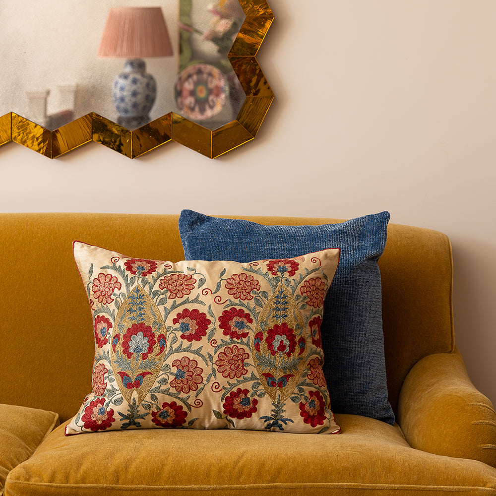 Rectangular silk suzani embroidered cushion with double leaf and floral design
