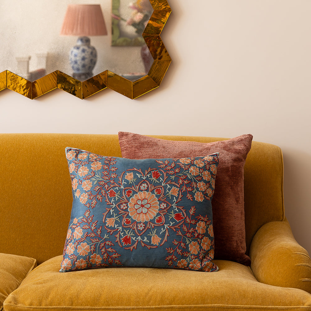 Rectangular blue silk suzani embroidered cushion with pink floral medallion