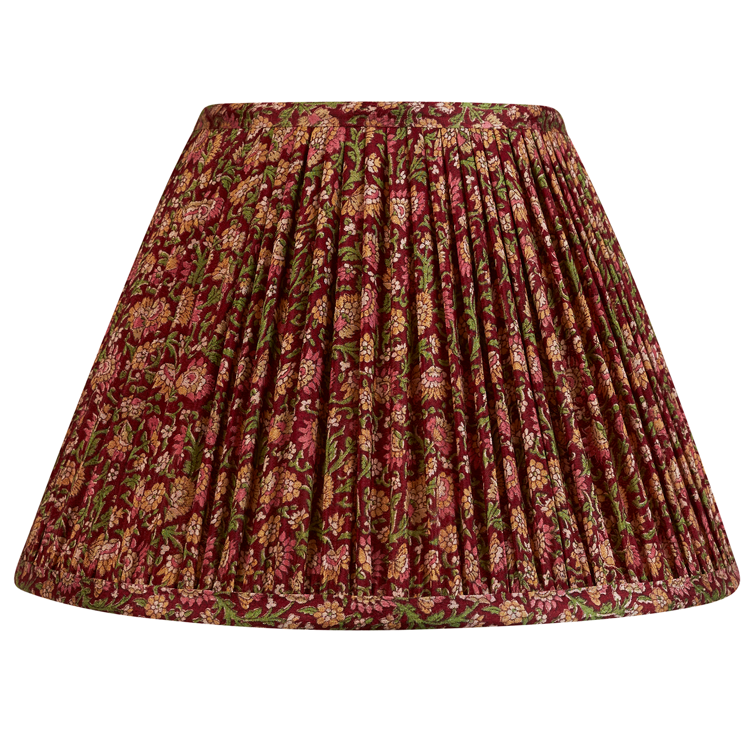 10 inch (26cms) Pink and green floral design on burgundy ground French drum silk sari lampshade