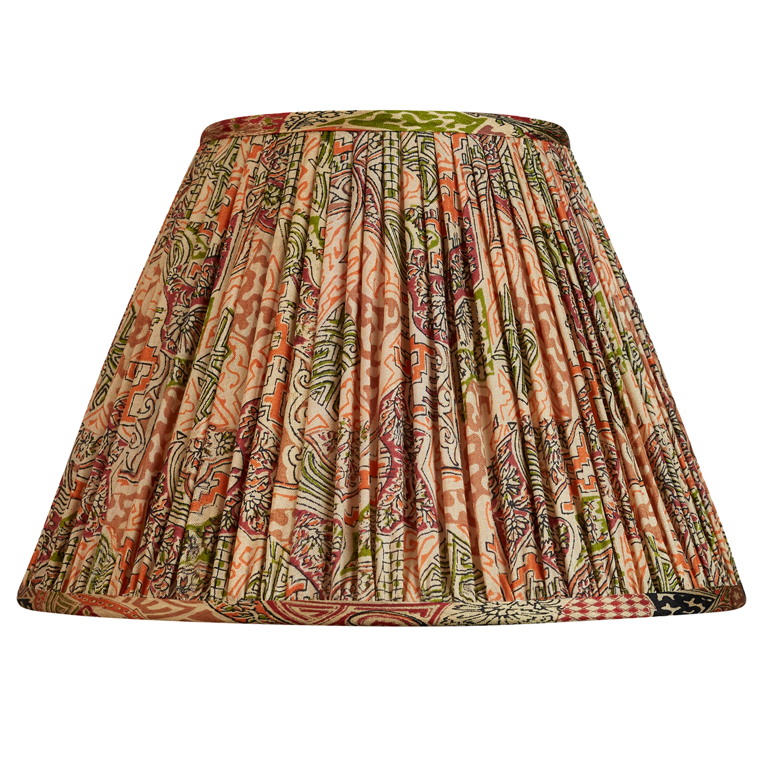 10 inch (26cms) Terracotta and green geometric design French drum silk sari lampshade