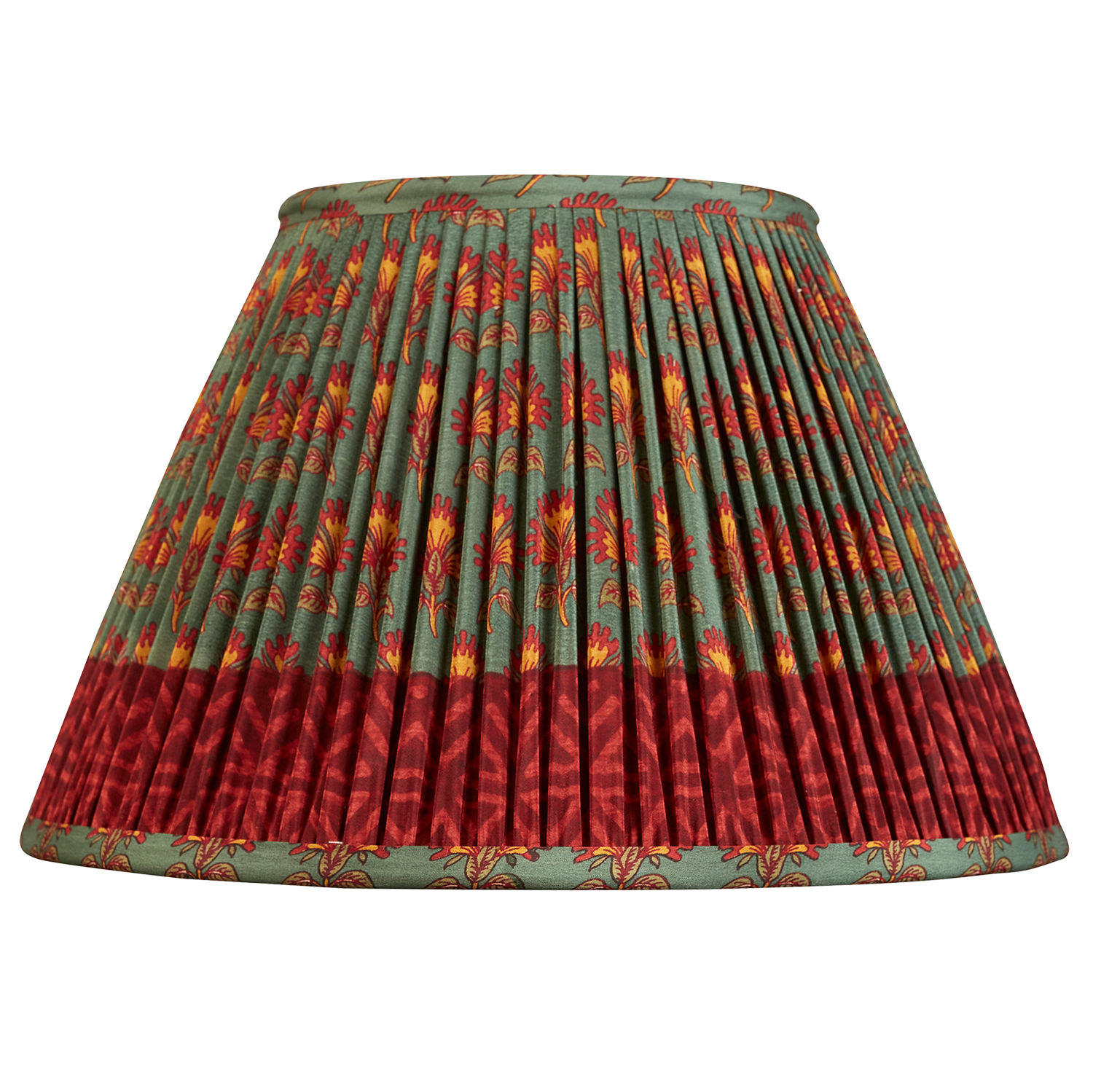 12 inch (30 cm) Green/red floral design French drum silk sari lampshade with border