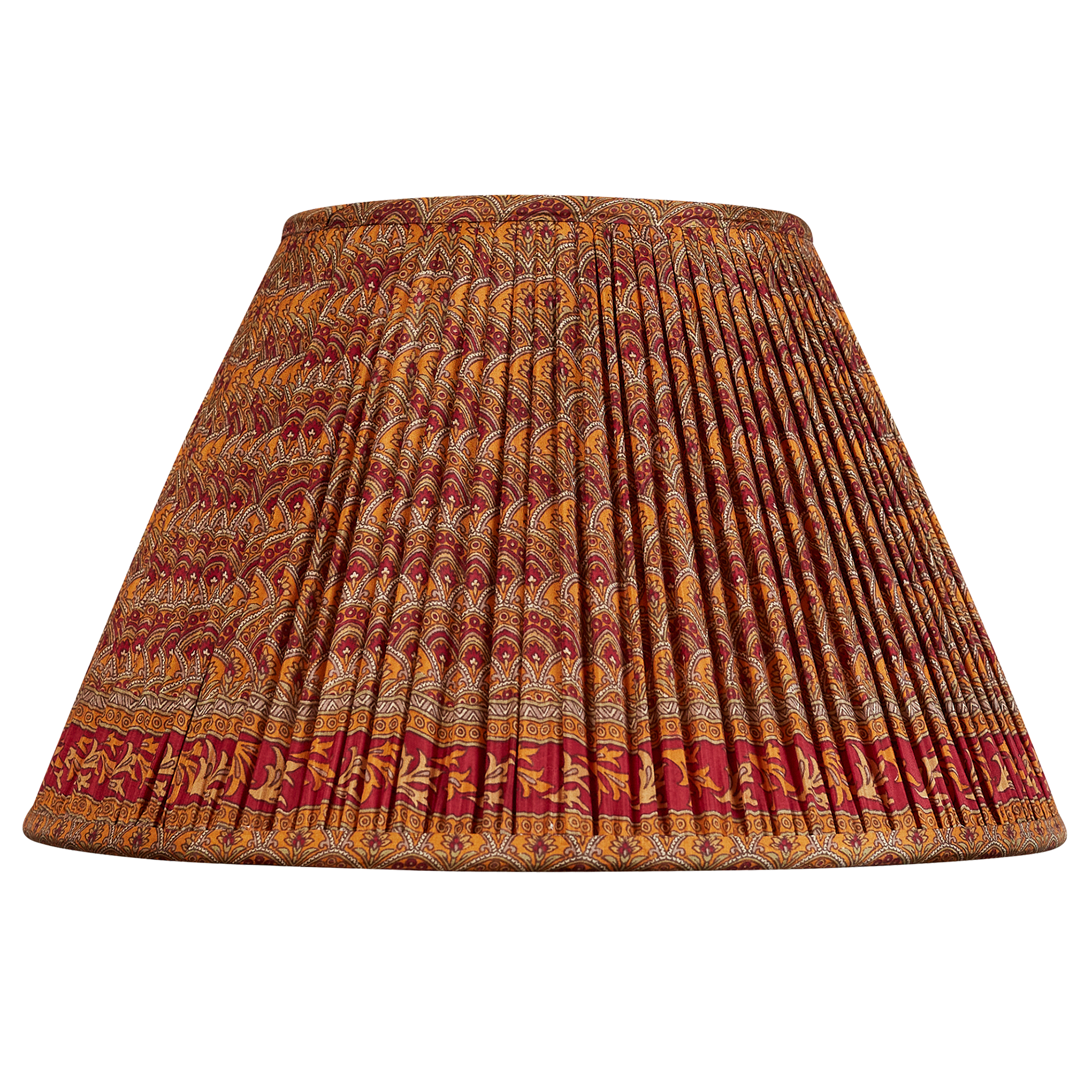 14 inch French drum burgundy and saffron geometric floral design silk sari lampshade with border