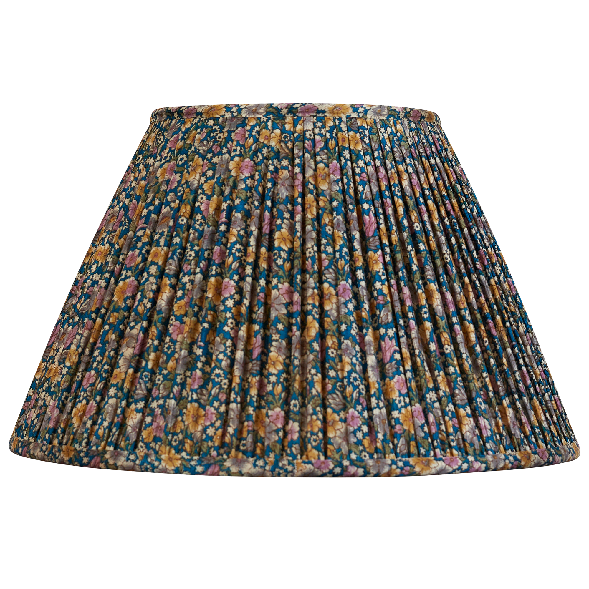 14 inch French drum caramel and pink floral design on blue ground silk sari lampshade