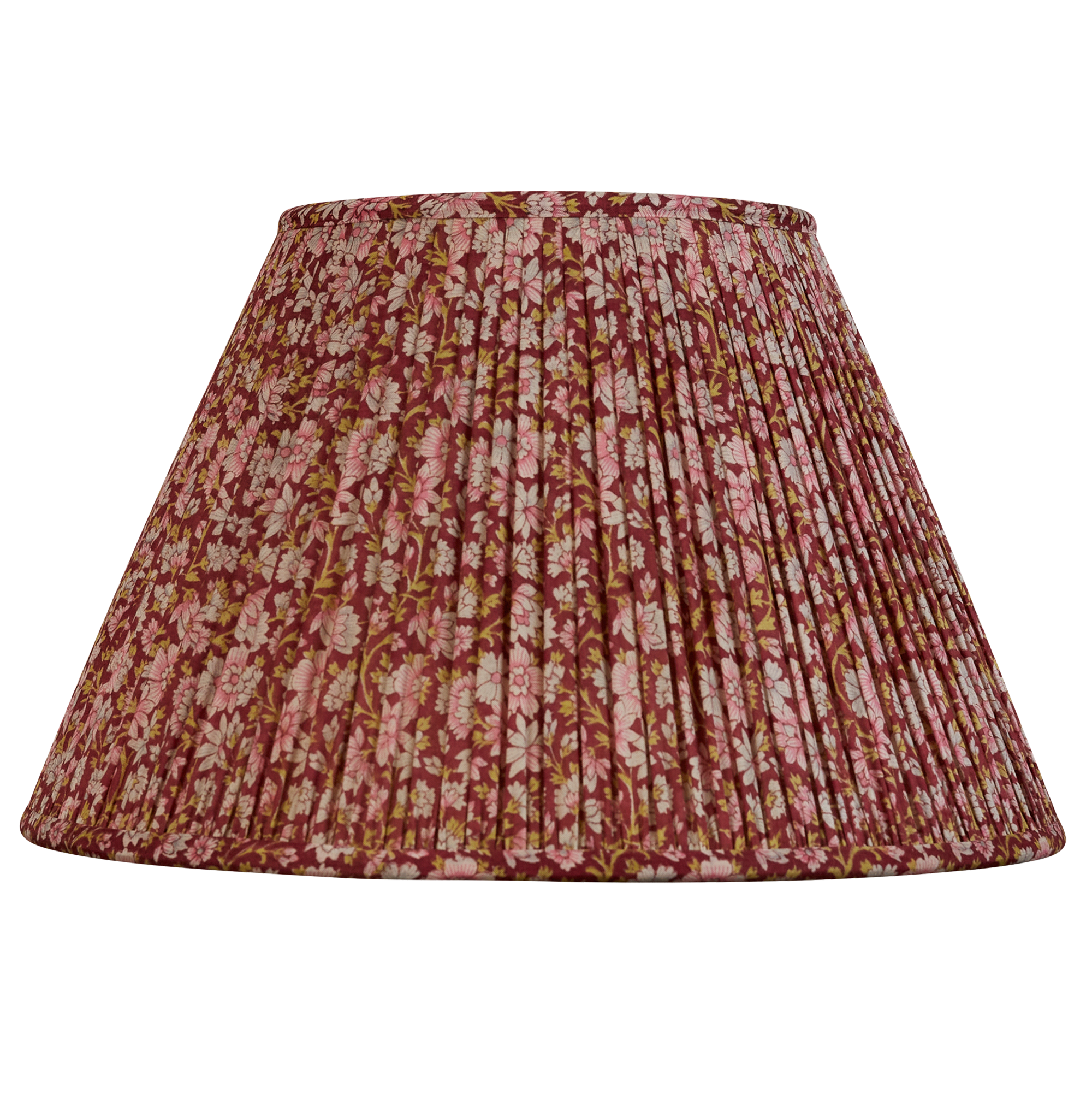 14 inch French drum bright pink and blue floral design silk sari lampshade on burgundy background