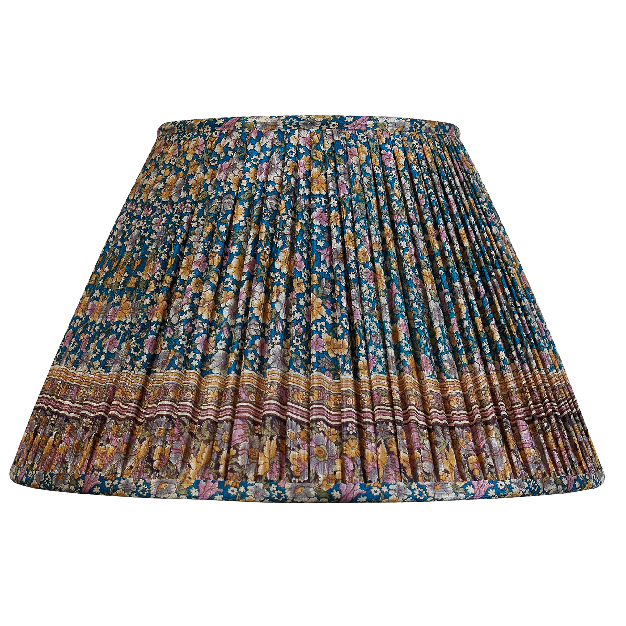 14 inch French drum caramel and pink floral design on blue ground silk sari lampshade