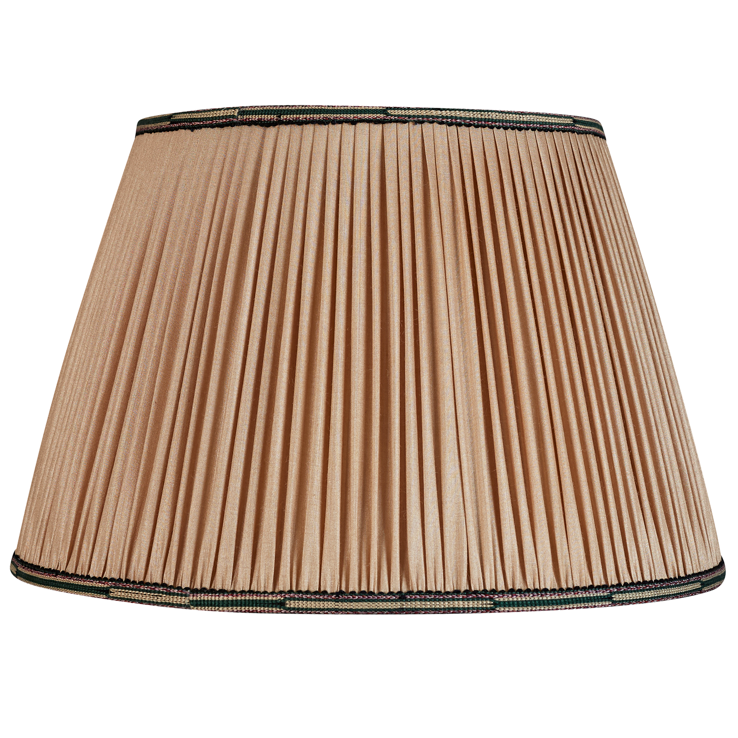 16 Inch Mink Tussar silk lampshade with pink/green cotton embroidered braid to top and bottom