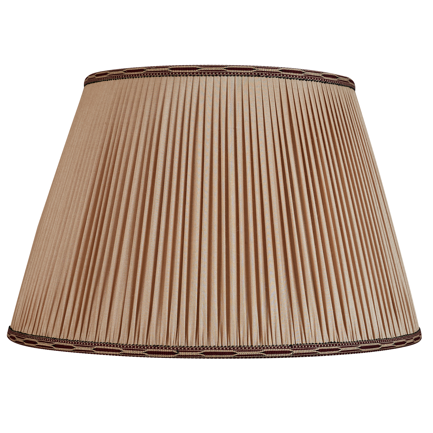 20 inch Mink Tussar silk lampshade with burgundy embroidered cotton braid to top and bottom