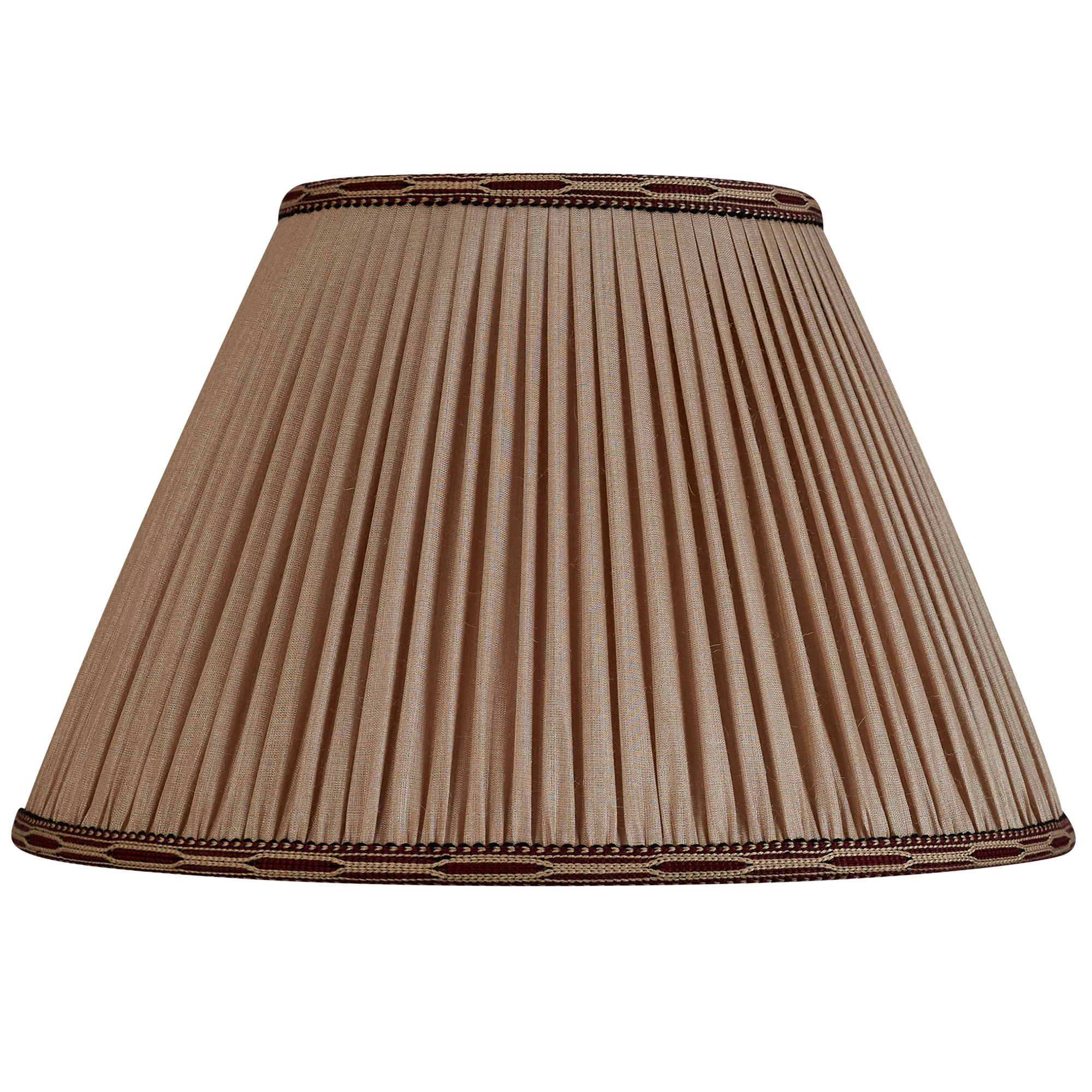 12 inch Mink Tussar silk lampshade with brown embroidered cotton braid