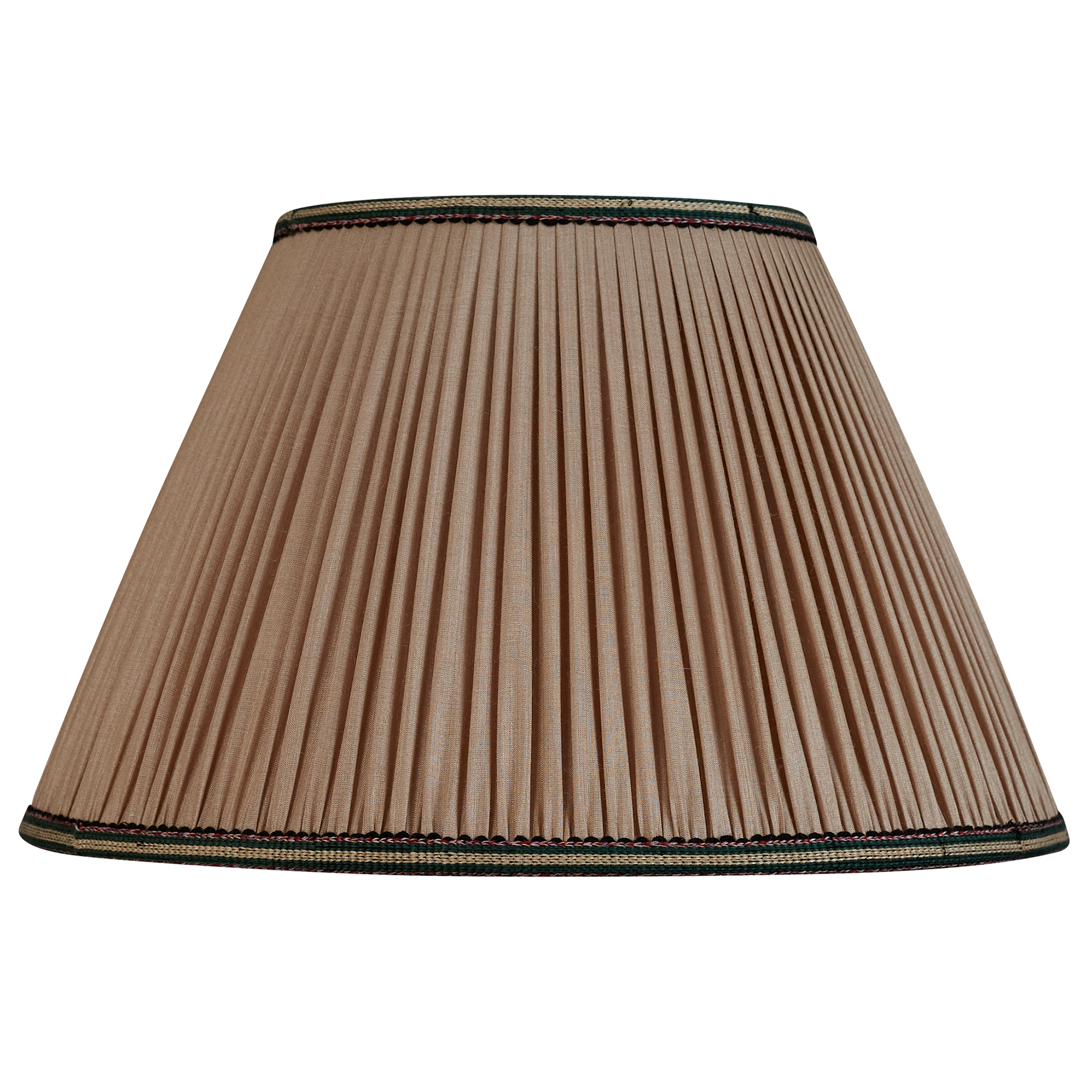 14 inch Mink Tussar silk lampshade with green/pink embroidered cotton braid