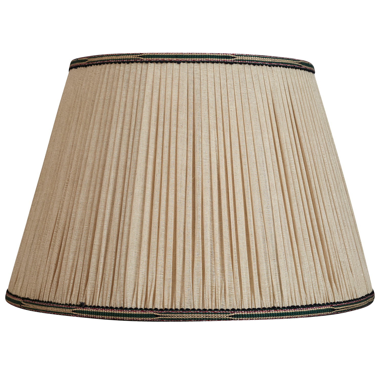 16 Inch Gathered linen voile lampshade with emerald/red cotton embroidered trim