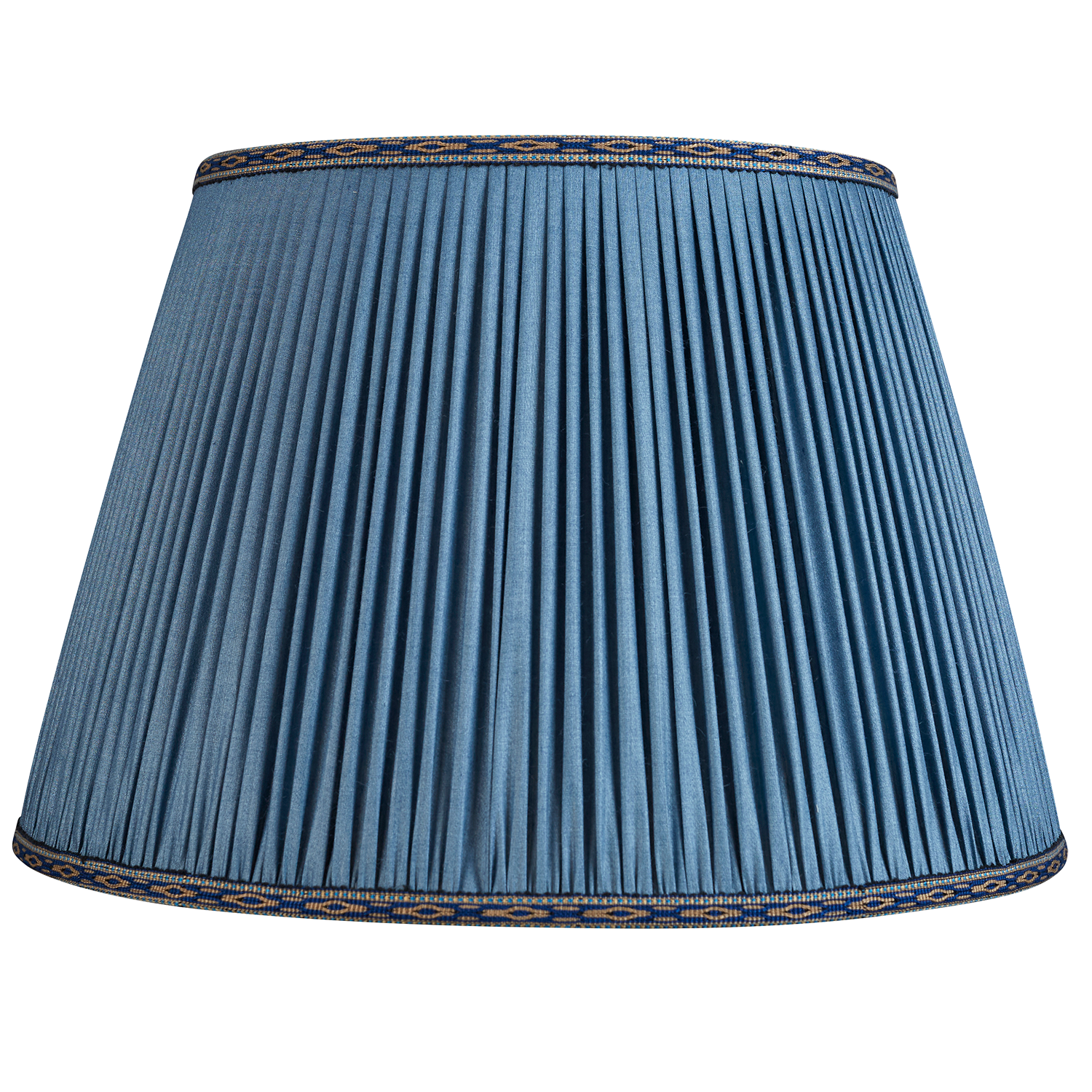 18 Inch Ink blue silk lampshade with cotton embroidered trim to top and base