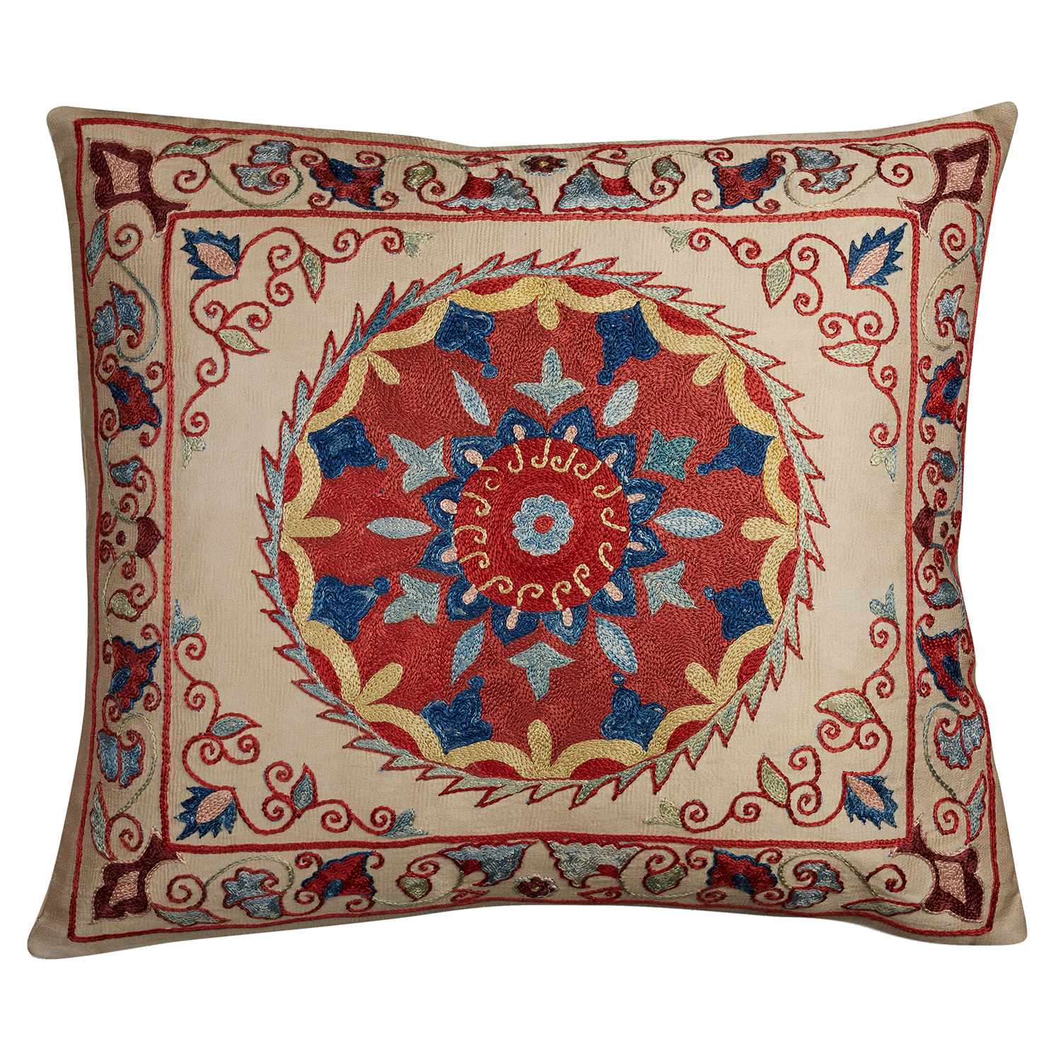 Small square floral design silk Suzani embroidered cushion - pillow