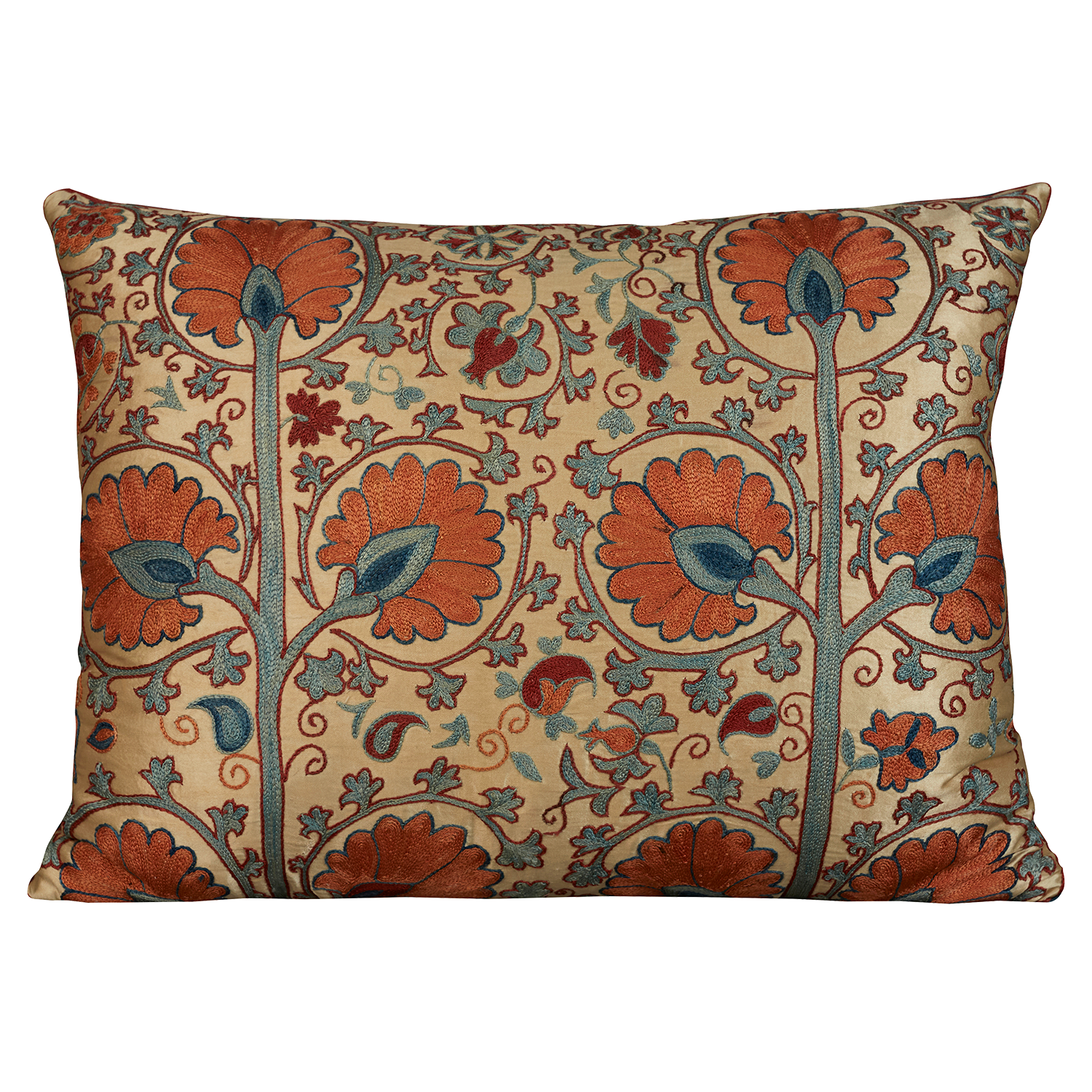 Rectangular silk suzani embroidered cushion- pillow with double carnation design