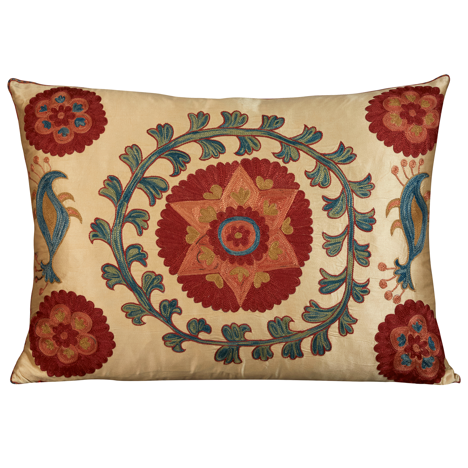 Rectangular silk suzani embroidered cushion with large central medallion