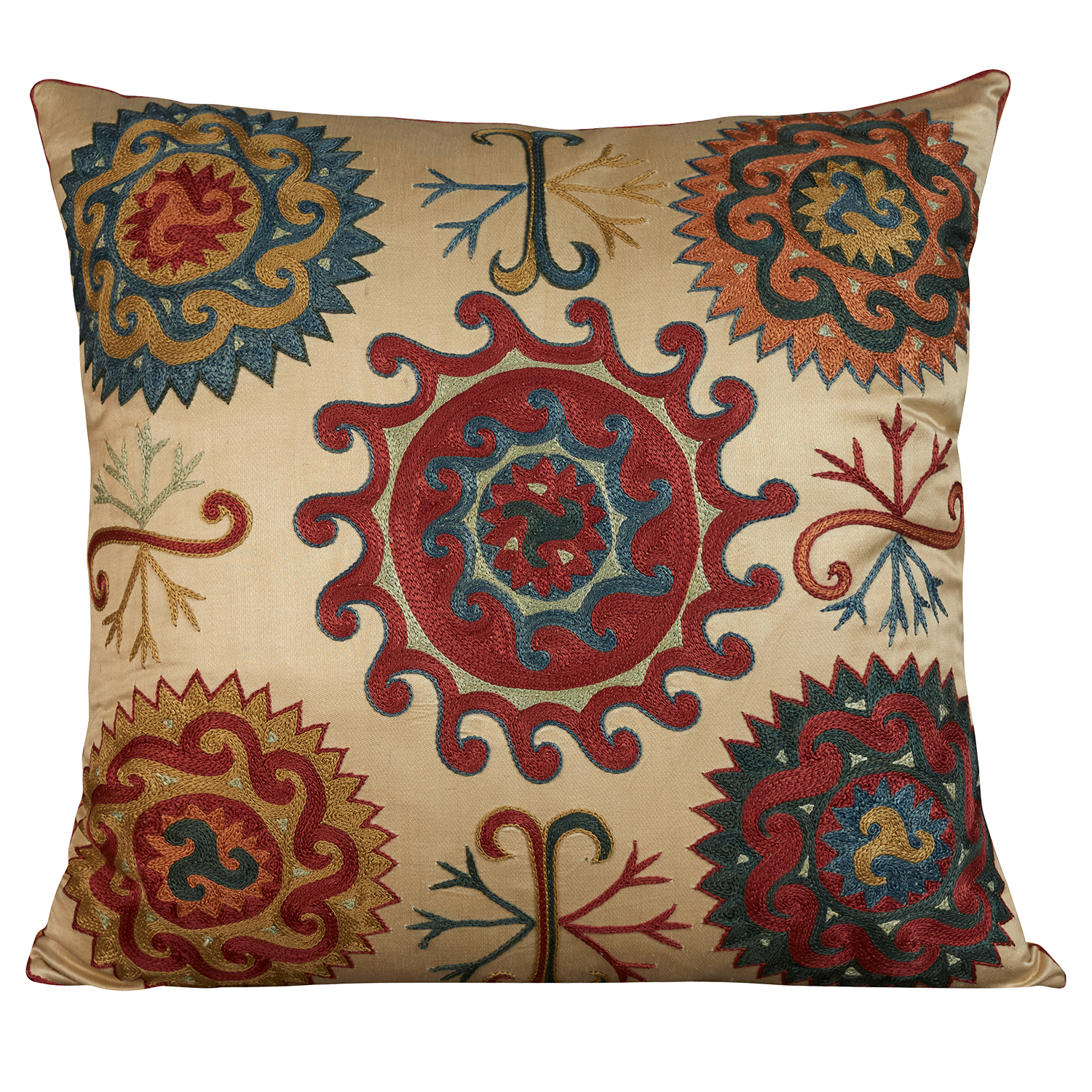 Square silk suzani embroidered cushion with Anatolian floral design