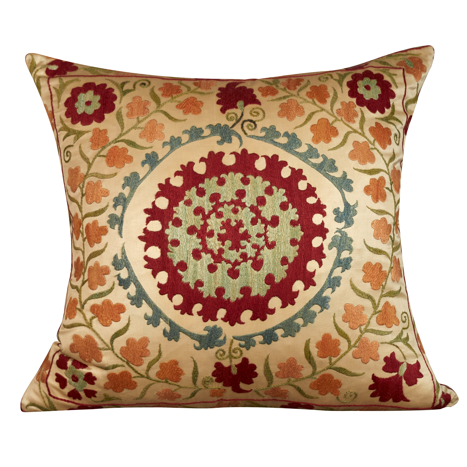 Square silk suzani cushion on cream silk background