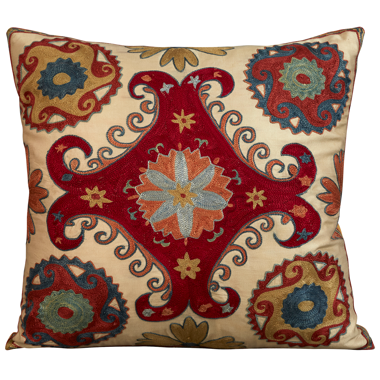 Square silk suzani embroidered cushion with central medallion