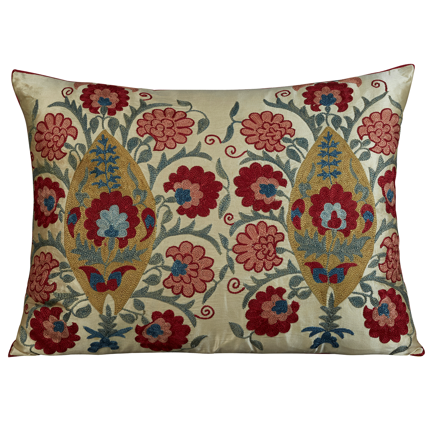 Rectangular silk suzani embroidered cushion with double leaf and floral design