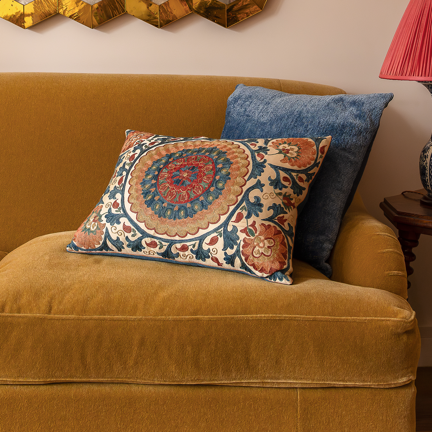 Rectangular silk suzani embroidered cushion - pillow with scrolling floral design and a large bold central medallion